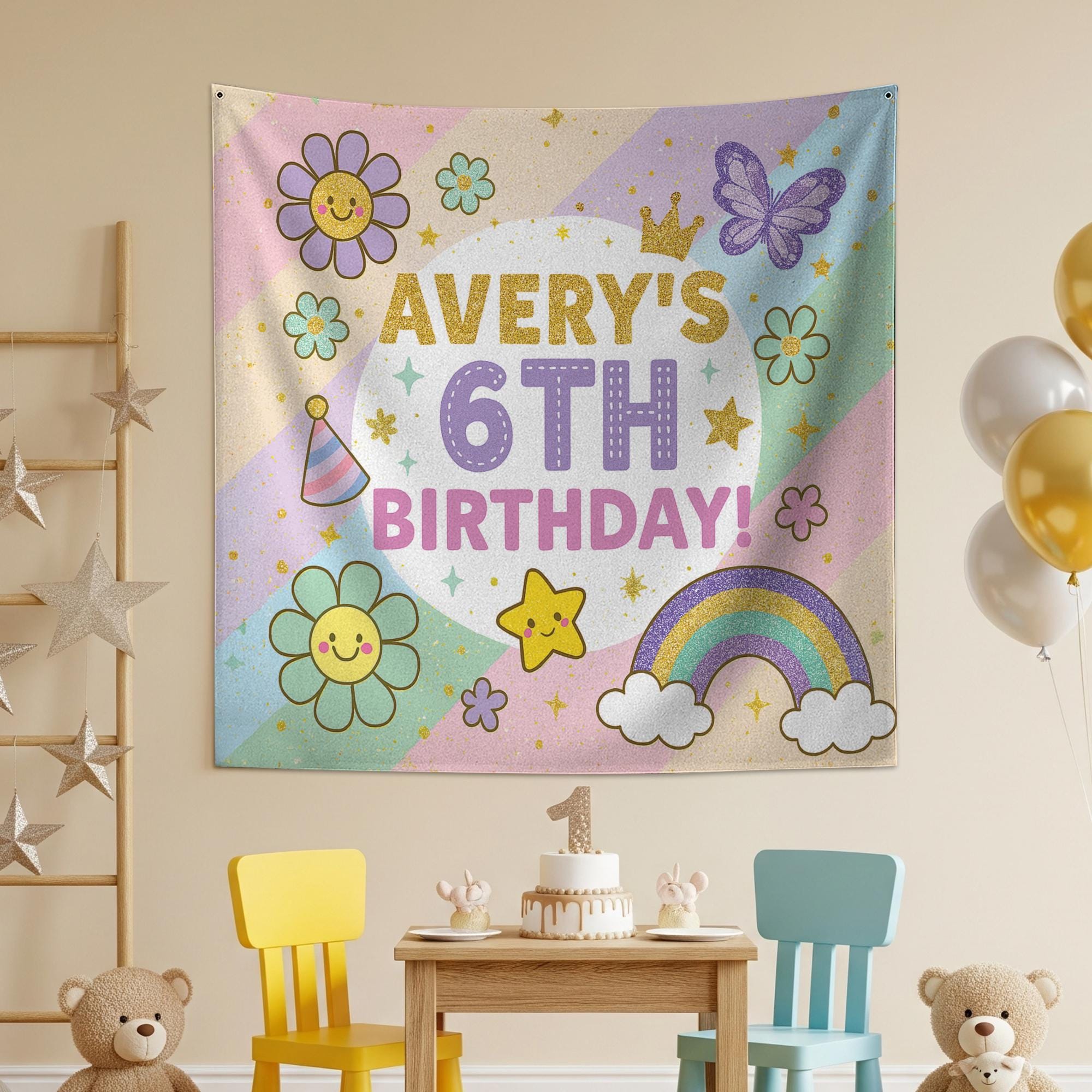 Kids 6th Birthday Banner, Pastel Rainbow Party Backdrop, Retro Flower Birthday Decor, Custom Girl Celebration Sign, Birthday Tapestry