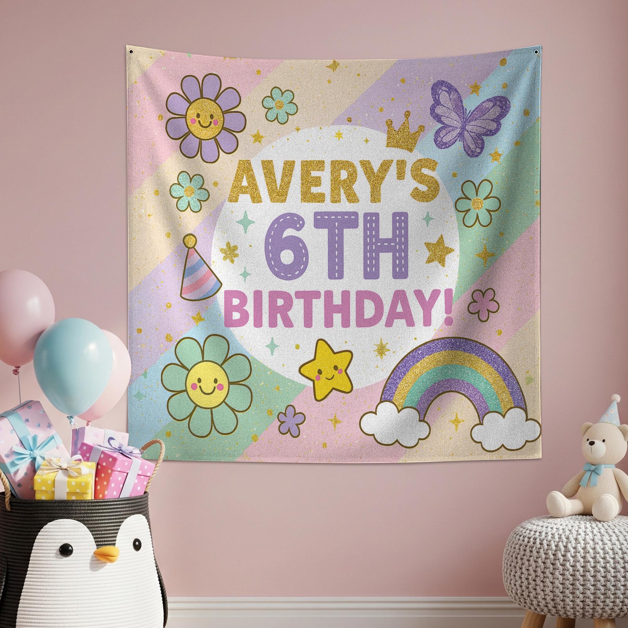 Kids 6th Birthday Banner, Pastel Rainbow Party Backdrop, Retro Flower Birthday Decor, Custom Girl Celebration Sign, Birthday Tapestry