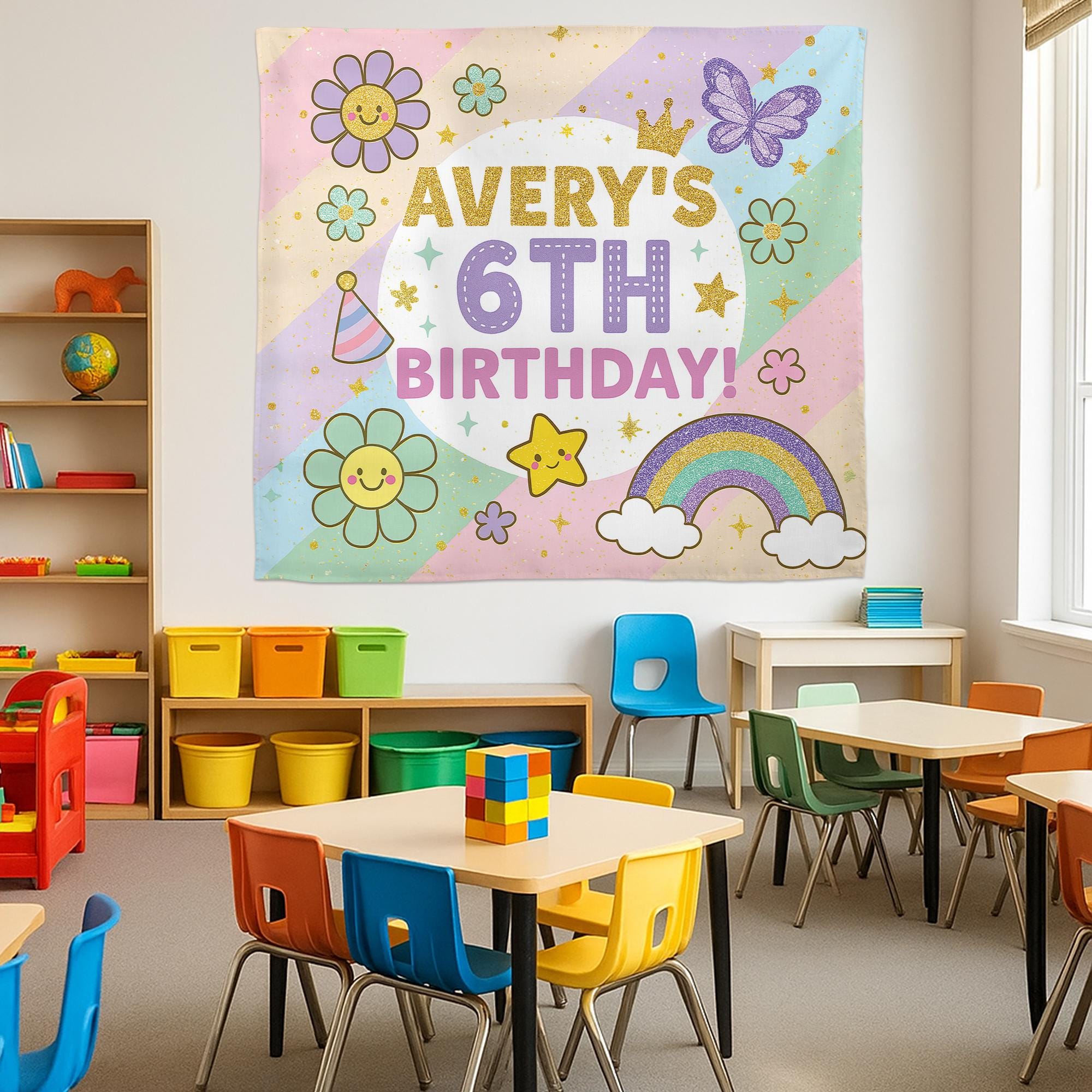 Kids 6th Birthday Banner, Pastel Rainbow Party Backdrop, Retro Flower Birthday Decor, Custom Girl Celebration Sign, Birthday Tapestry