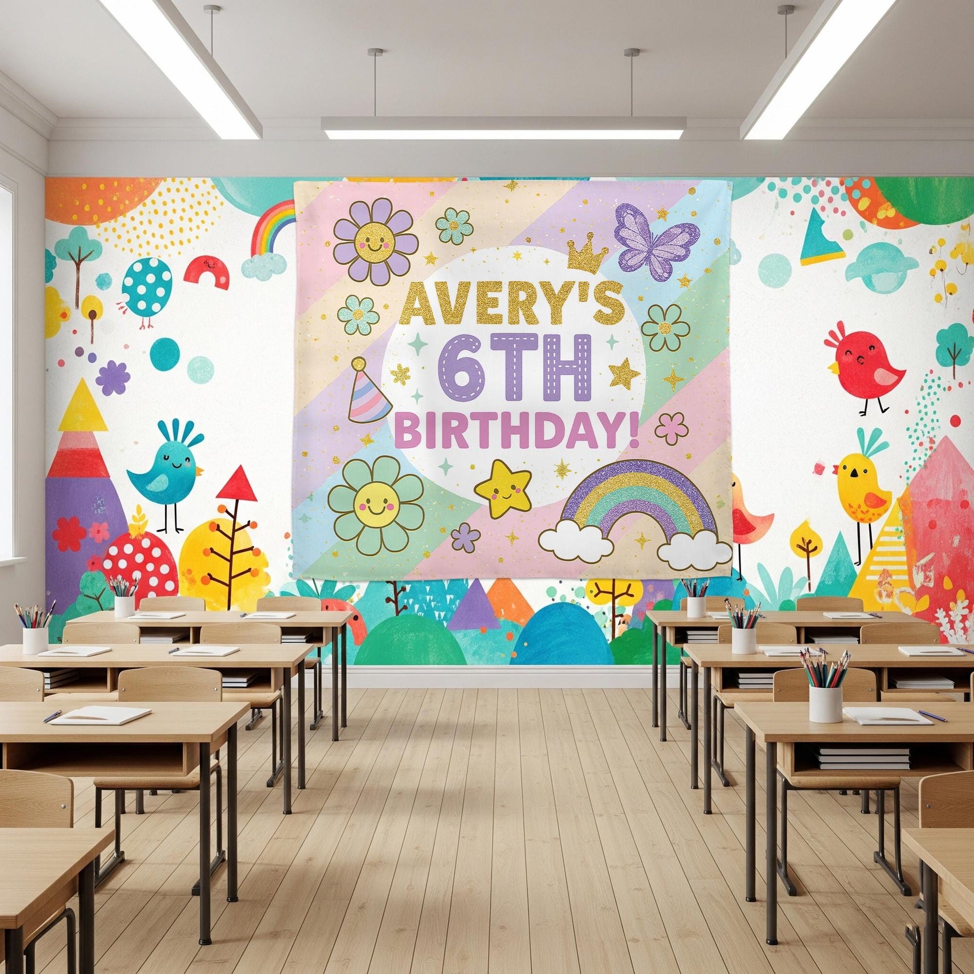 Kids 6th Birthday Banner, Pastel Rainbow Party Backdrop, Retro Flower Birthday Decor, Custom Girl Celebration Sign, Birthday Tapestry