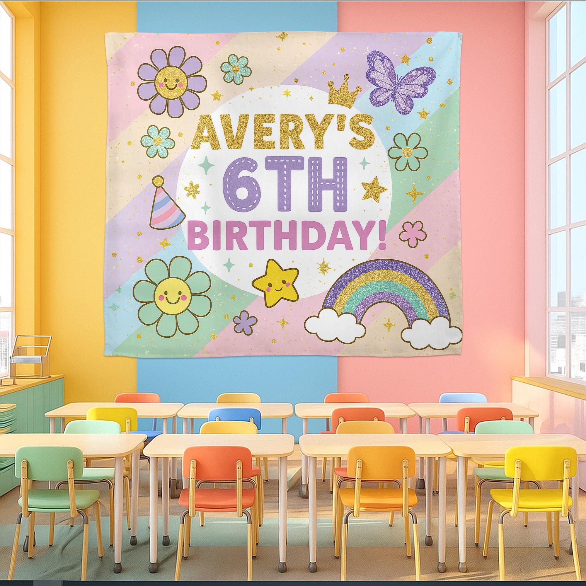 Kids 6th Birthday Banner, Pastel Rainbow Party Backdrop, Retro Flower Birthday Decor, Custom Girl Celebration Sign, Birthday Tapestry