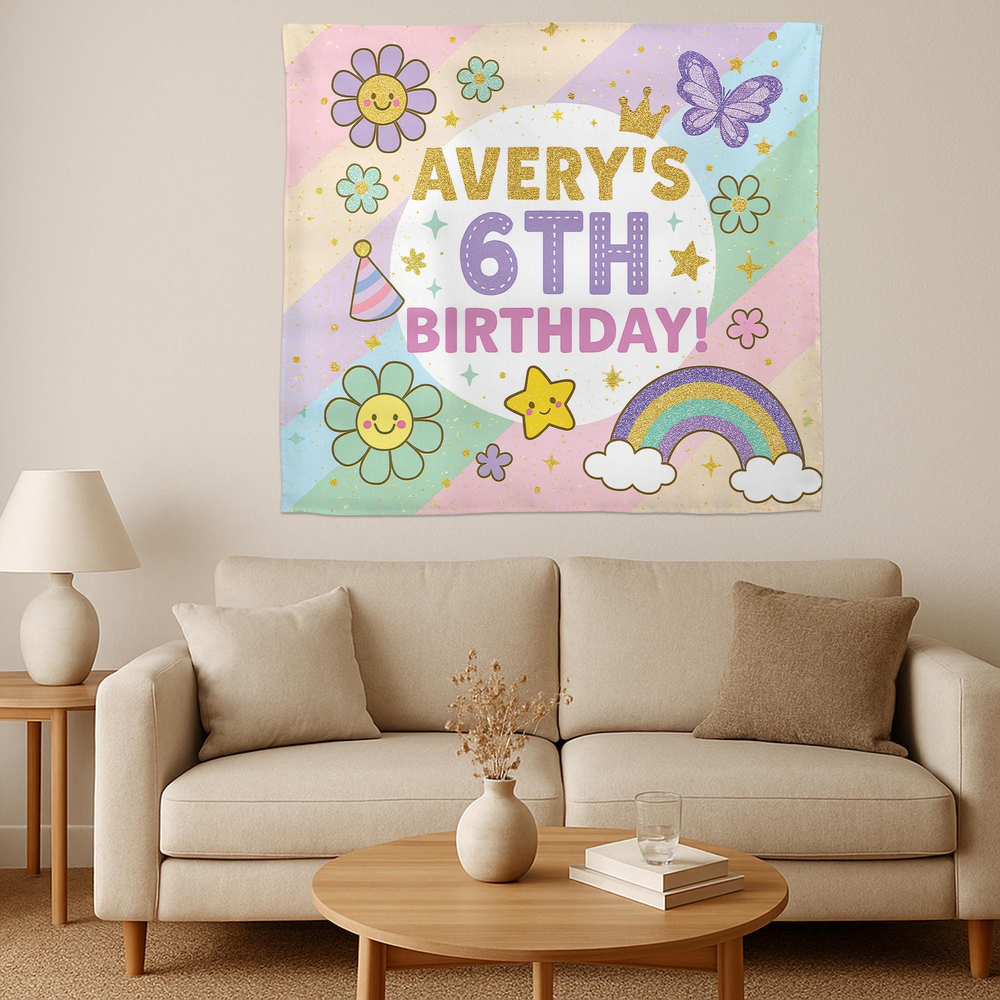 Kids 6th Birthday Banner, Pastel Rainbow Party Backdrop, Retro Flower Birthday Decor, Custom Girl Celebration Sign, Birthday Tapestry