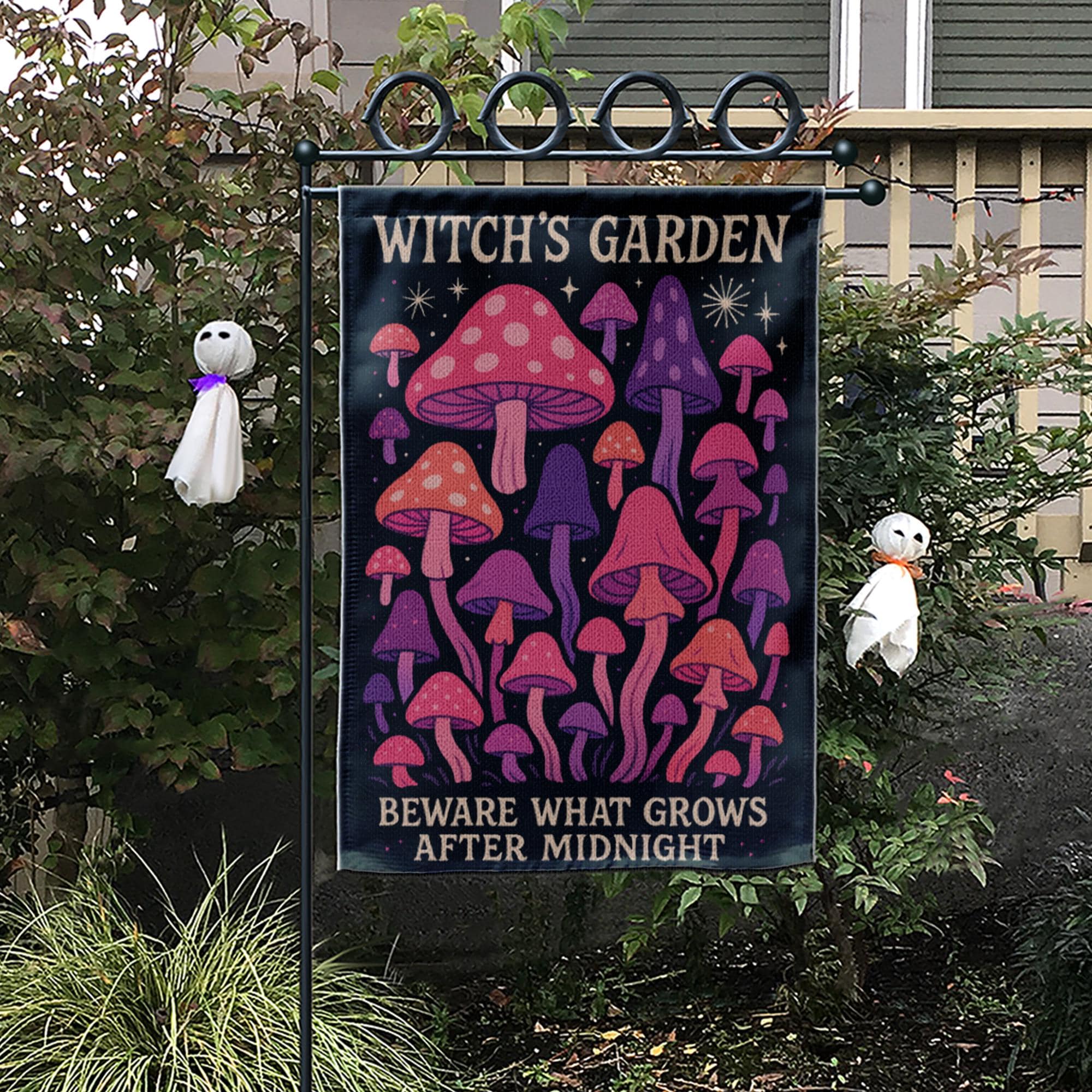 Witch’s Garden Flag, Magical Mushroom Yard Decor, Halloween Garden Banner, Midnight Toadstool Outdoor Flag, Spooky Lawn Sign