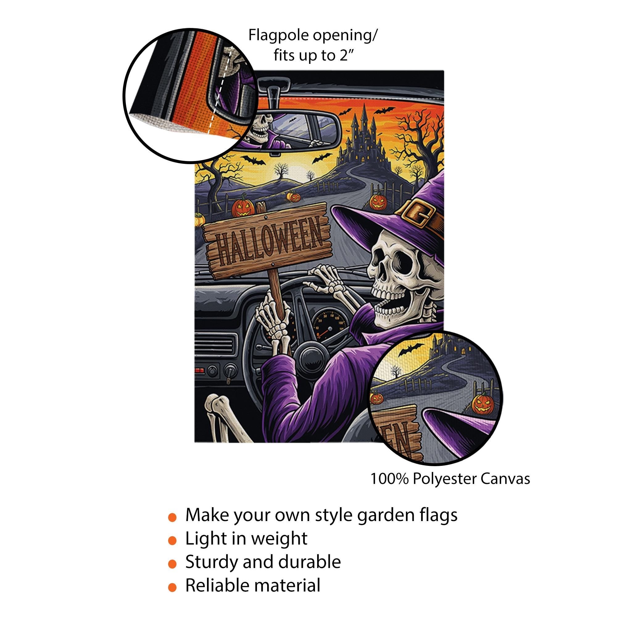 Skeleton Witch Driving Halloween Garden Flag – Spooky Haunted Castle Yard Decor – Creepy Fall Outdoor Sign