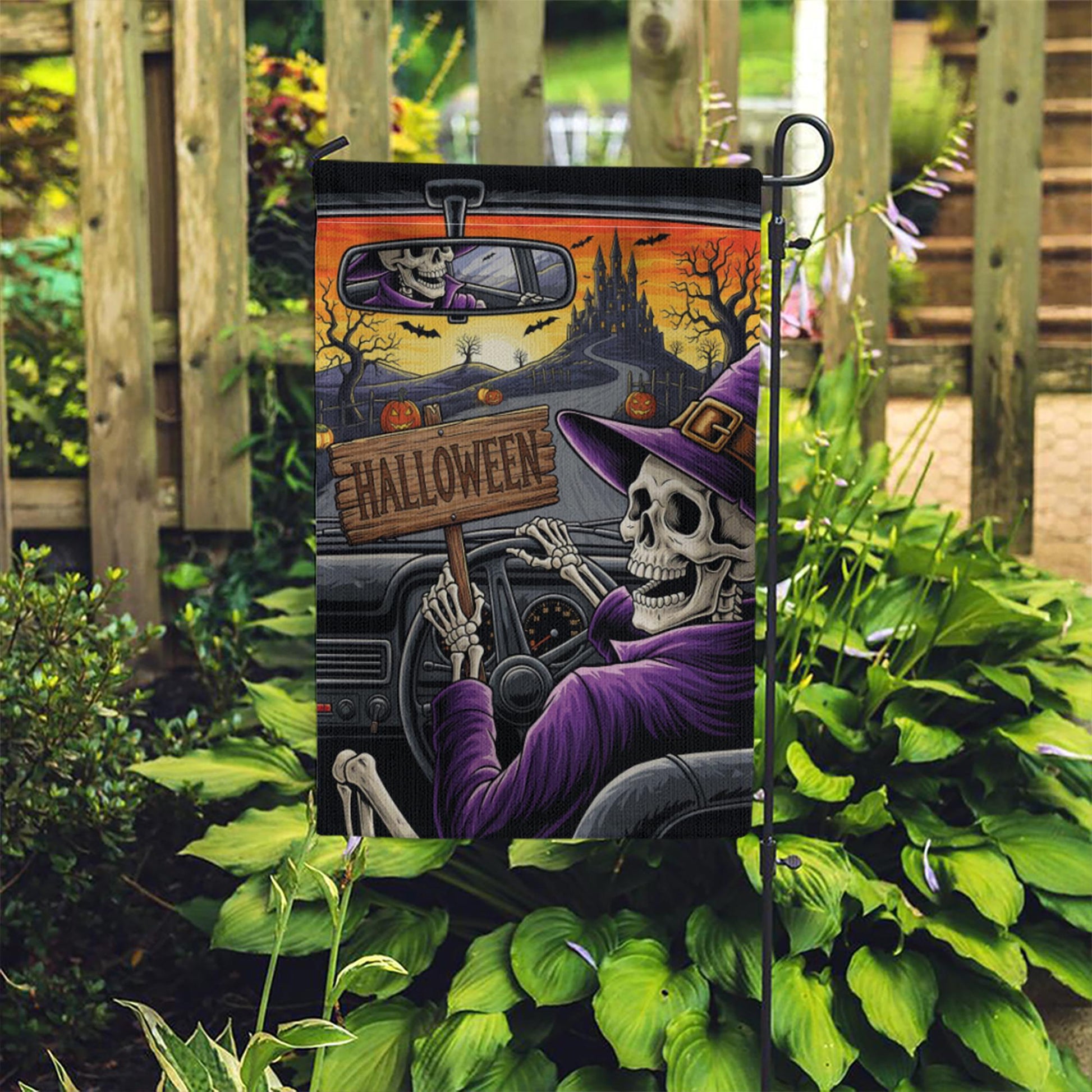 Skeleton Witch Driving Halloween Garden Flag – Spooky Haunted Castle Yard Decor – Creepy Fall Outdoor Sign