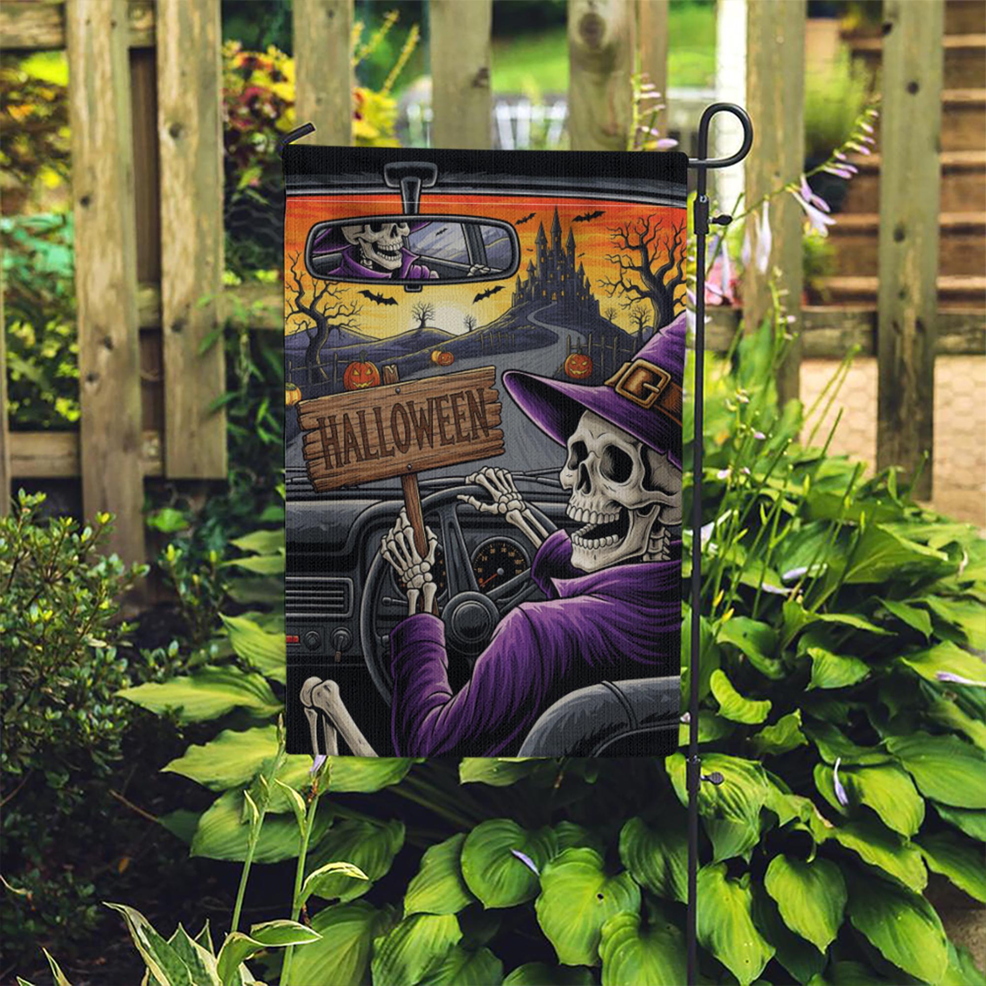Skeleton Witch Driving Halloween Garden Flag – Spooky Haunted Castle Yard Decor – Creepy Fall Outdoor Sign