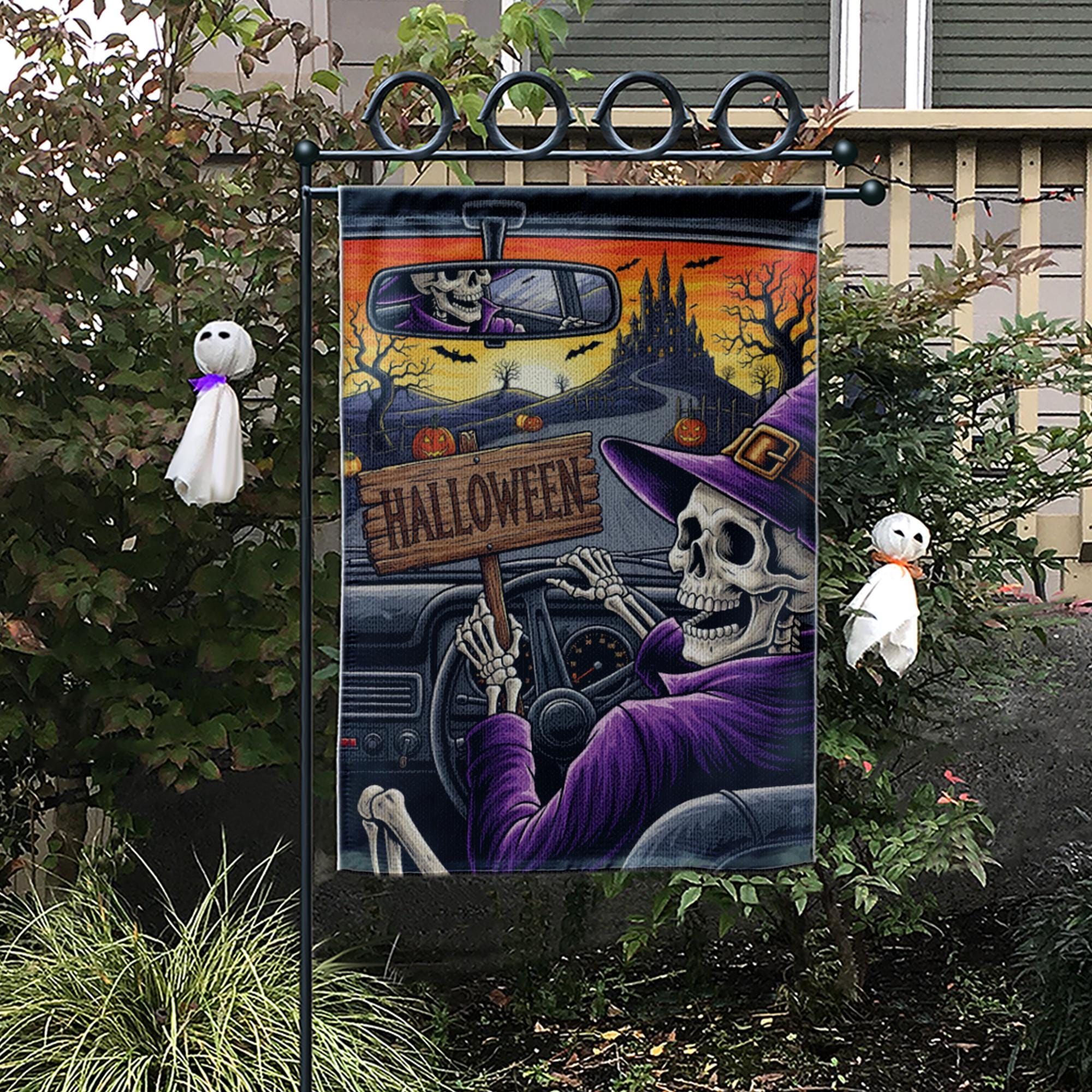 Skeleton Witch Driving Halloween Garden Flag – Spooky Haunted Castle Yard Decor – Creepy Fall Outdoor Sign