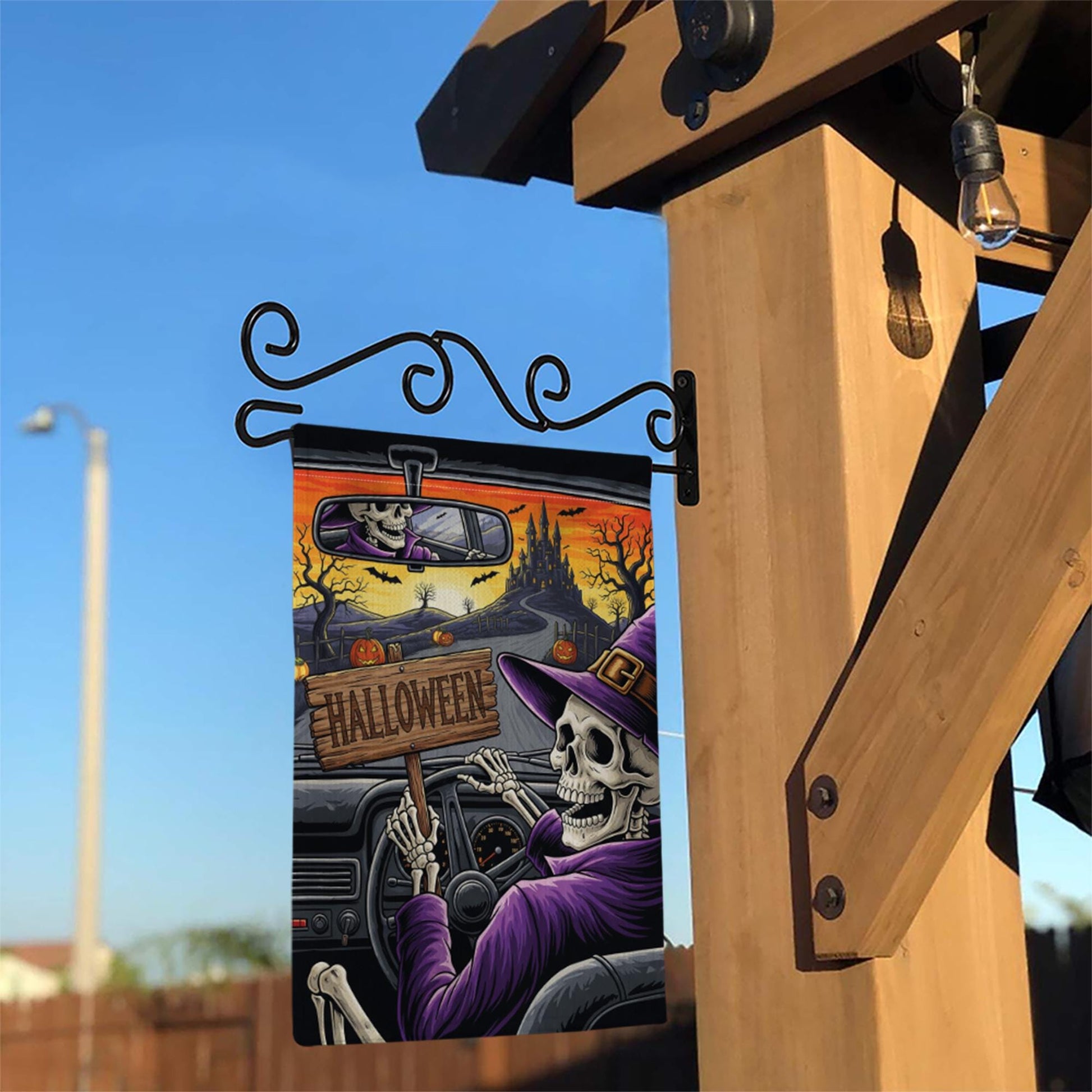 Skeleton Witch Driving Halloween Garden Flag – Spooky Haunted Castle Yard Decor – Creepy Fall Outdoor Sign