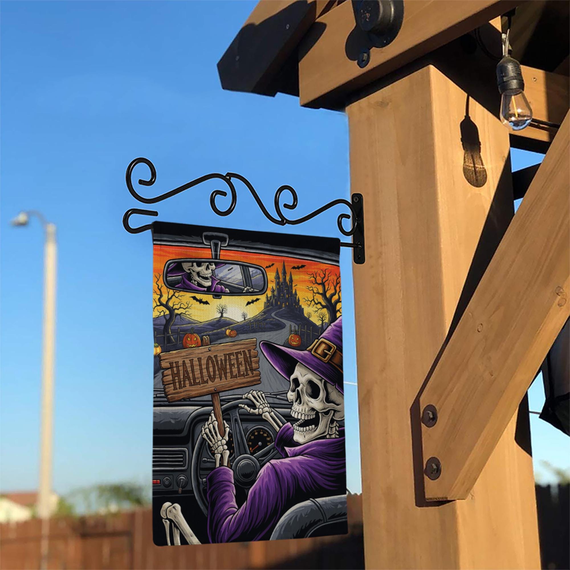 Skeleton Witch Driving Halloween Garden Flag – Spooky Haunted Castle Yard Decor – Creepy Fall Outdoor Sign