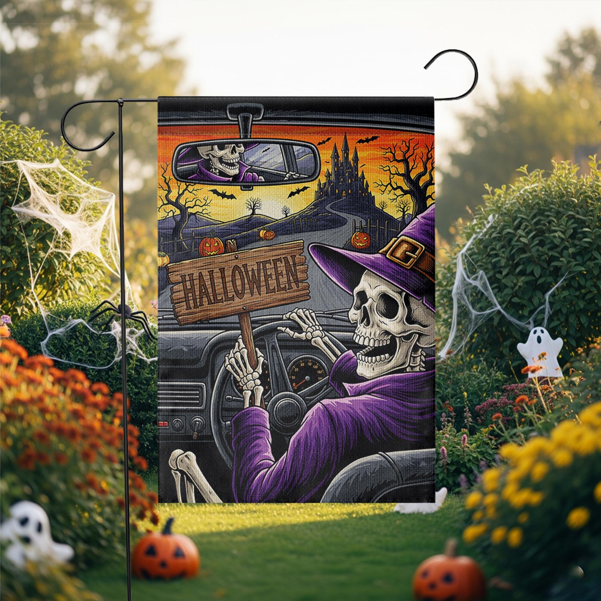 Skeleton Witch Driving Halloween Garden Flag – Spooky Haunted Castle Yard Decor – Creepy Fall Outdoor Sign
