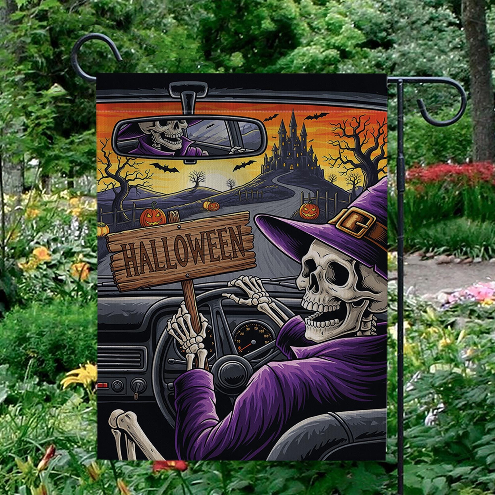 Skeleton Witch Driving Halloween Garden Flag – Spooky Haunted Castle Yard Decor – Creepy Fall Outdoor Sign