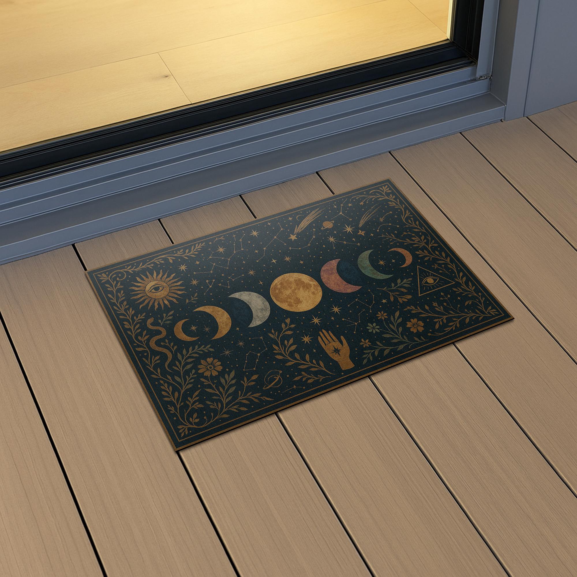 Mystical Moon Phase Doormat, Celestial Front Door Mat, Boho Witchy Welcome Rug, Spiritual Home Decor, Zodiac Star Doormat