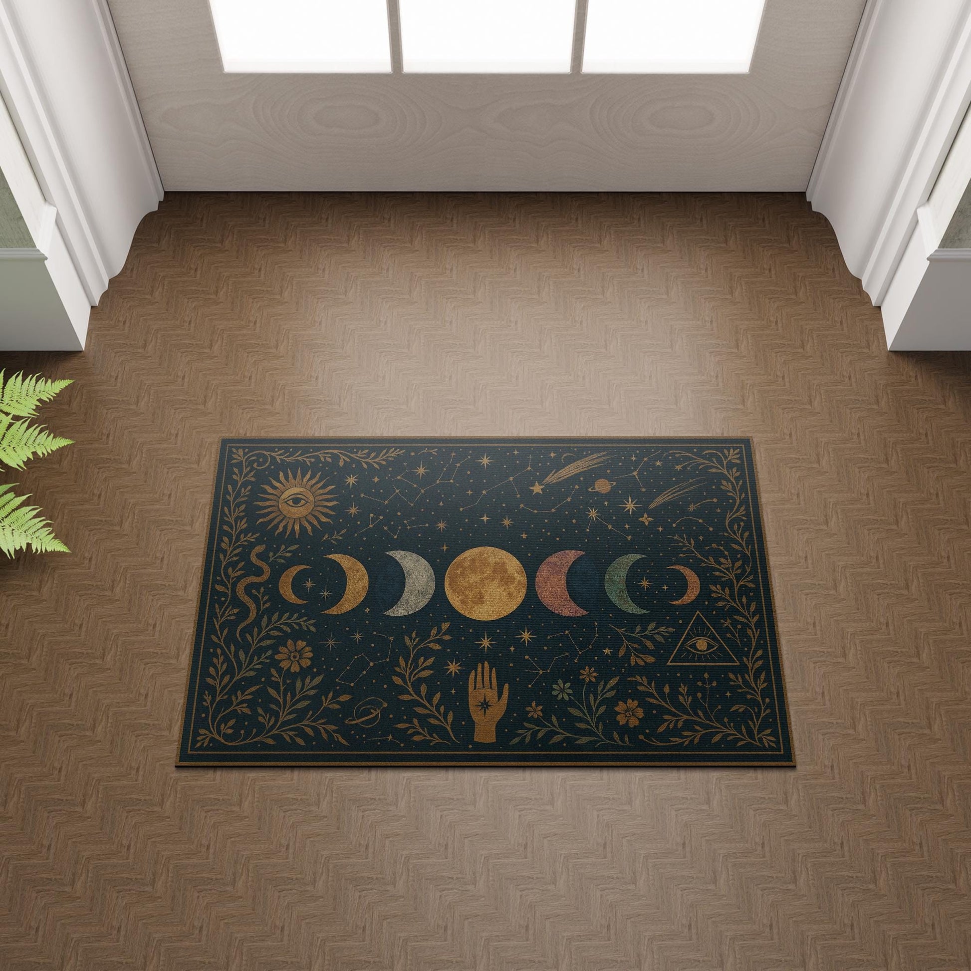 Mystical Moon Phase Doormat, Celestial Front Door Mat, Boho Witchy Welcome Rug, Spiritual Home Decor, Zodiac Star Doormat