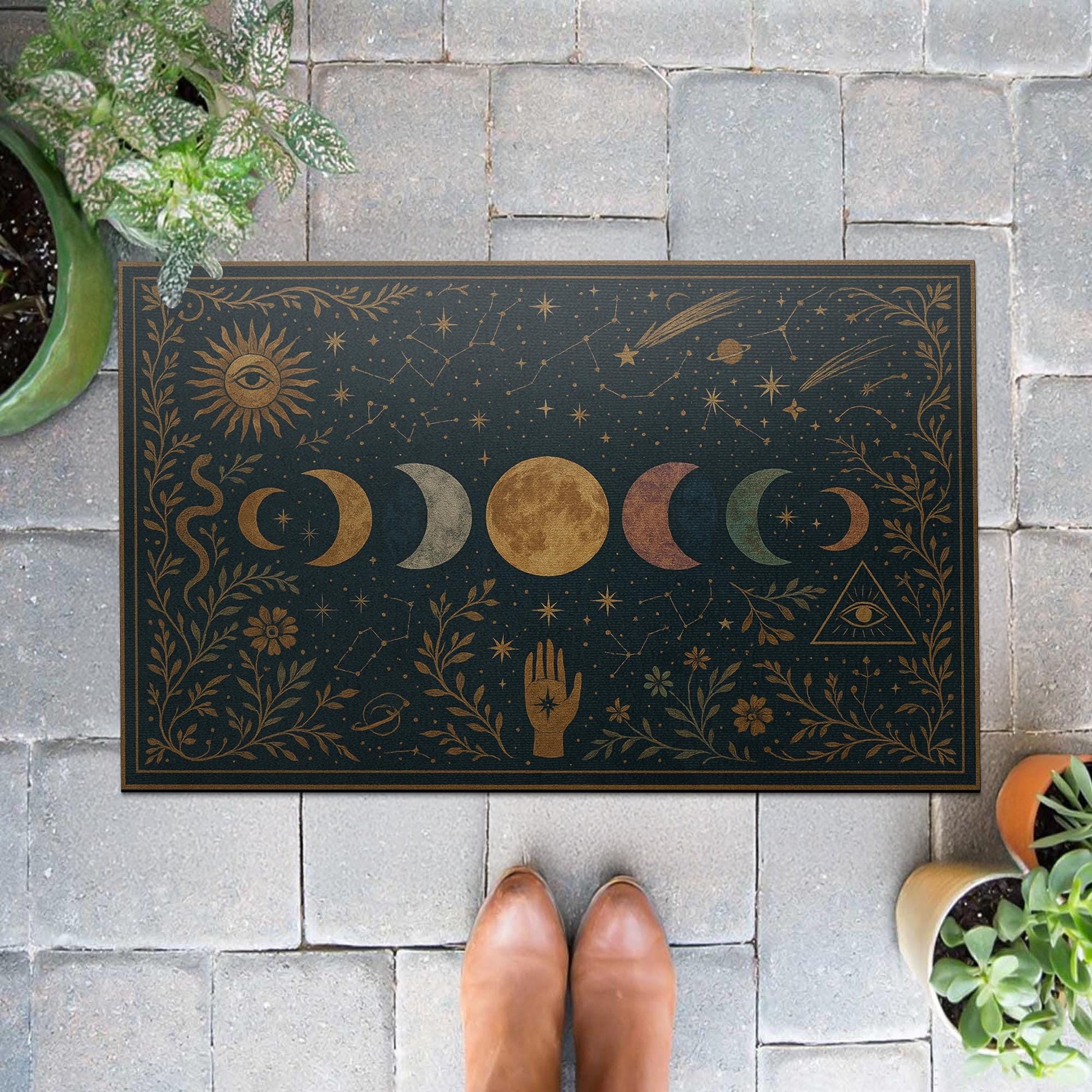 Mystical Moon Phase Doormat, Celestial Front Door Mat, Boho Witchy Welcome Rug, Spiritual Home Decor, Zodiac Star Doormat