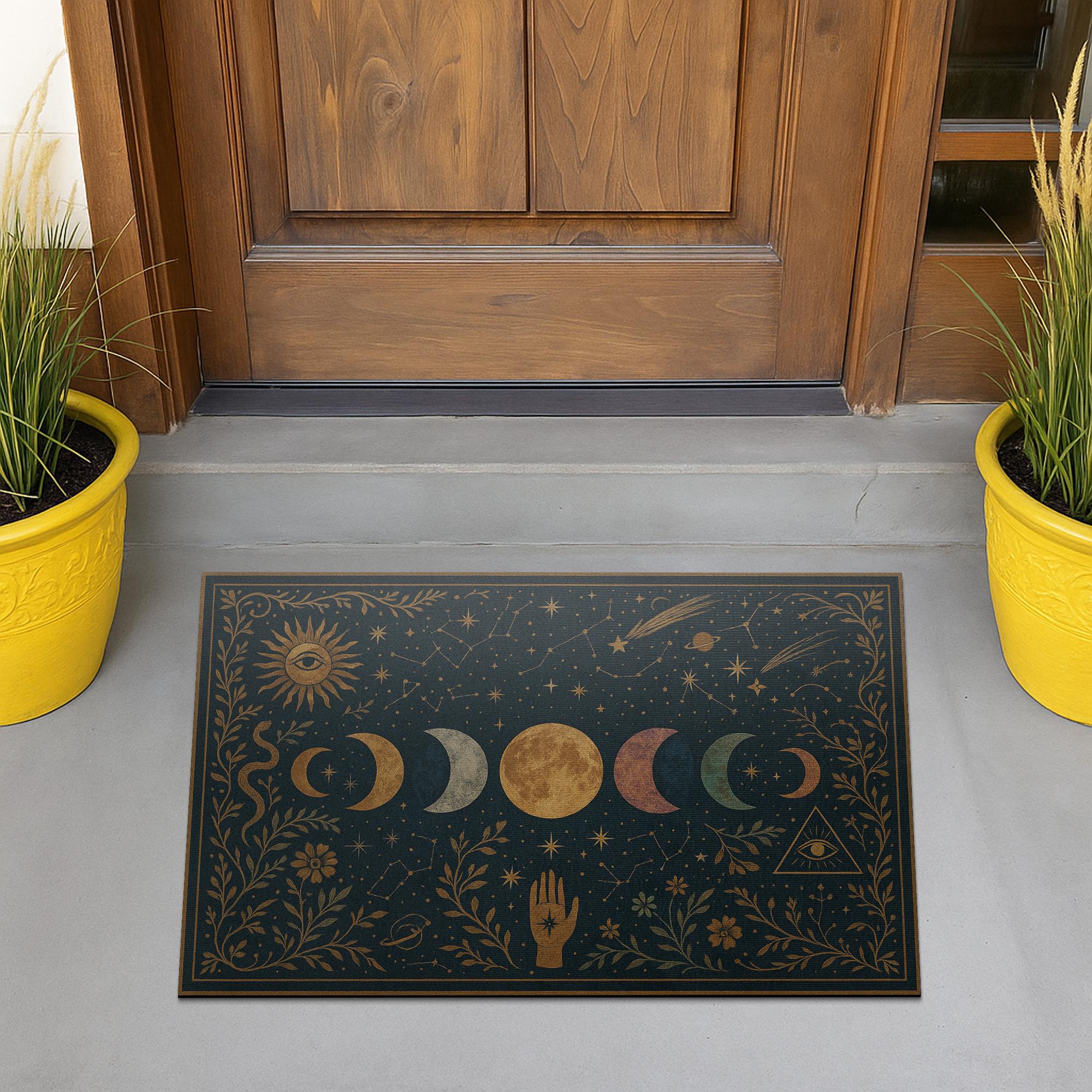 Mystical Moon Phase Doormat, Celestial Front Door Mat, Boho Witchy Welcome Rug, Spiritual Home Decor, Zodiac Star Doormat