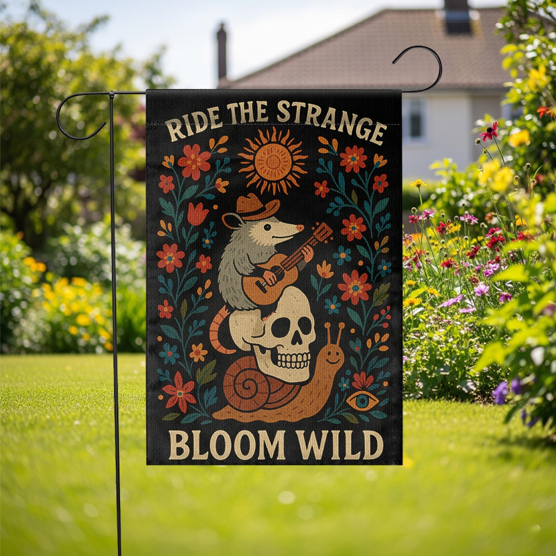 Ride the Strange Garden Flag, Bloom Wild Possum Decor, Whimsical Skull Yard Banner, Folk Art Outdoor Flag, Cottagecore Gift,Wild Garden Flag