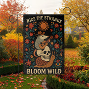 Ride the Strange Garden Flag, Bloom Wild Possum Decor, Whimsical Skull Yard Banner, Folk Art Outdoor Flag, Cottagecore Gift,Wild Garden Flag