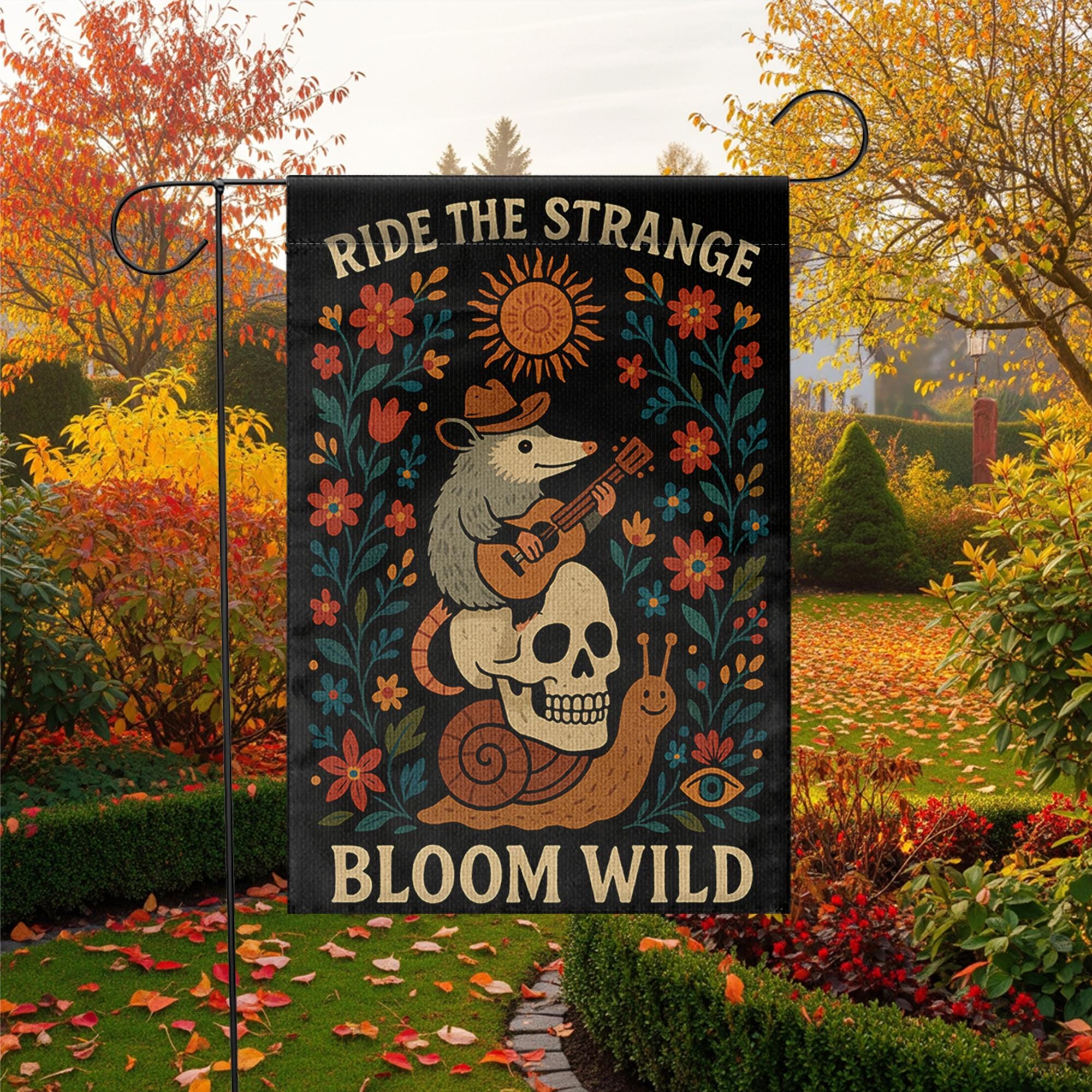 Ride the Strange Garden Flag, Bloom Wild Possum Decor, Whimsical Skull Yard Banner, Folk Art Outdoor Flag, Cottagecore Gift,Wild Garden Flag