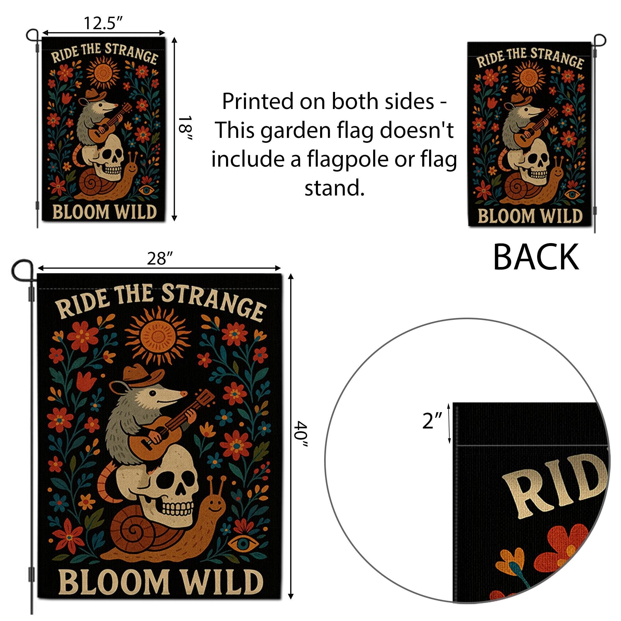 Ride the Strange Garden Flag, Bloom Wild Possum Decor, Whimsical Skull Yard Banner, Folk Art Outdoor Flag, Cottagecore Gift,Wild Garden Flag