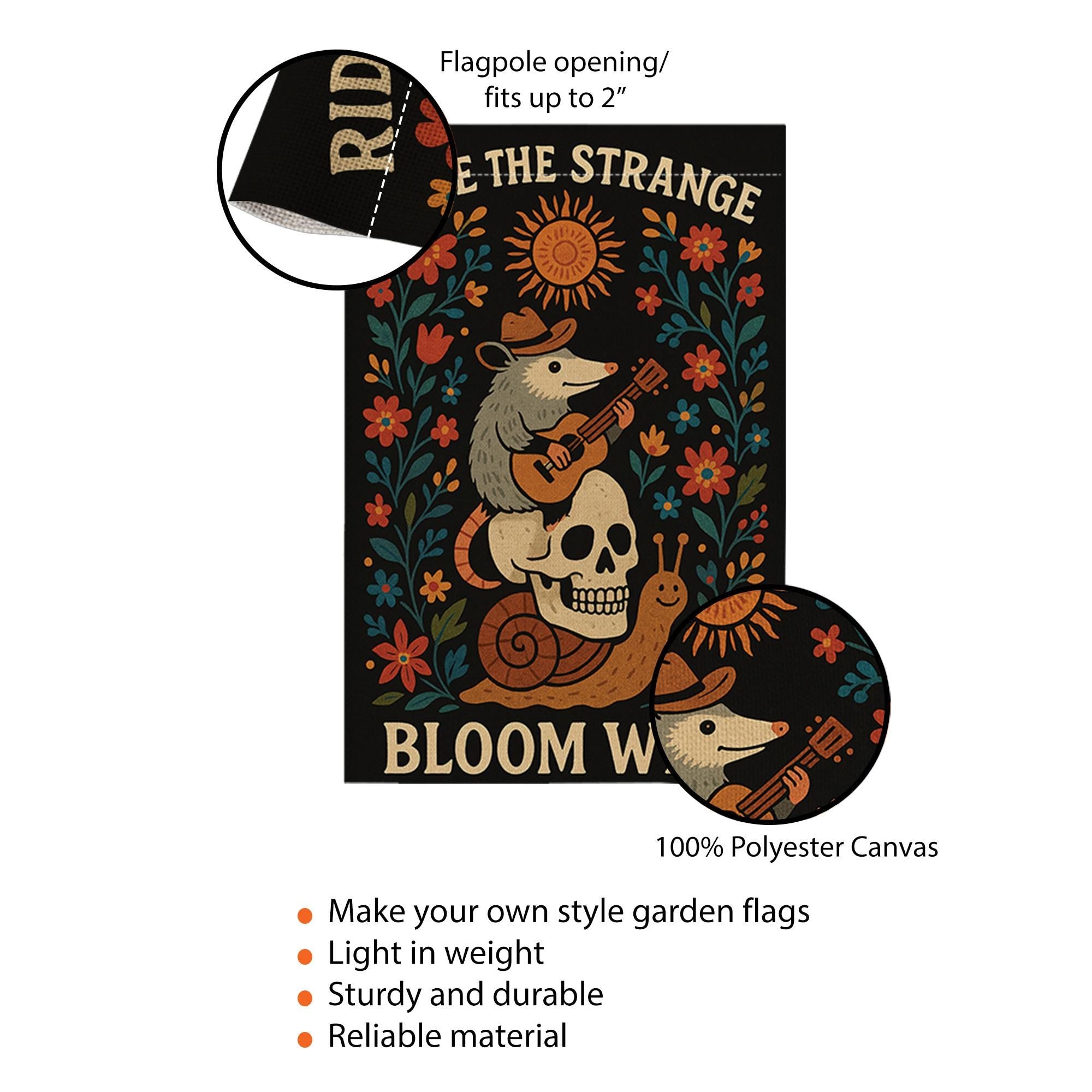 Ride the Strange Garden Flag, Bloom Wild Possum Decor, Whimsical Skull Yard Banner, Folk Art Outdoor Flag, Cottagecore Gift,Wild Garden Flag