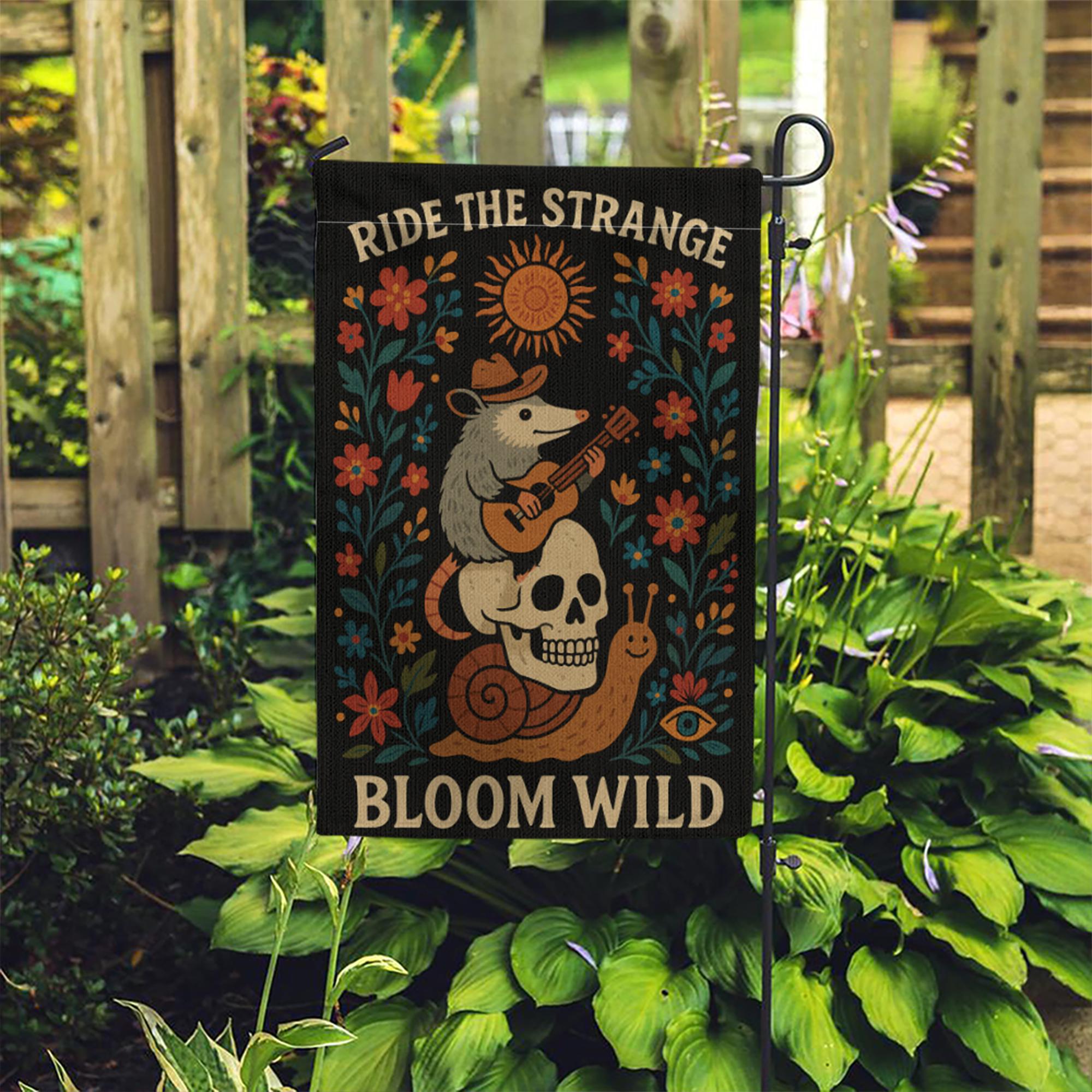 Ride the Strange Garden Flag, Bloom Wild Possum Decor, Whimsical Skull Yard Banner, Folk Art Outdoor Flag, Cottagecore Gift,Wild Garden Flag