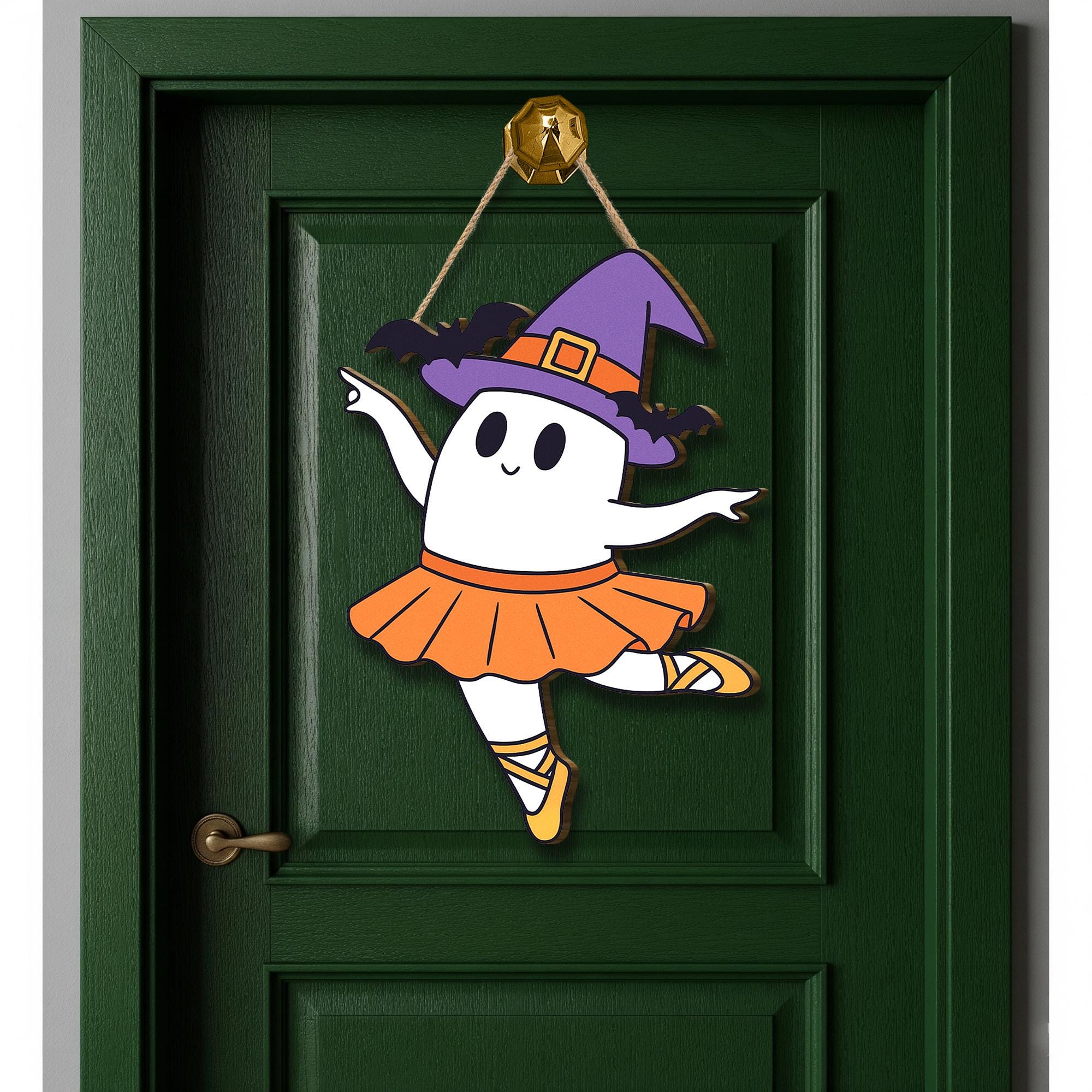 Cute Halloween Ballerina Ghost Door Hanger, Witch Hat, Tutu Decor, Fall Porch Sign, Fun Spooky Ballet Decoration, Halloween Ghost Decor