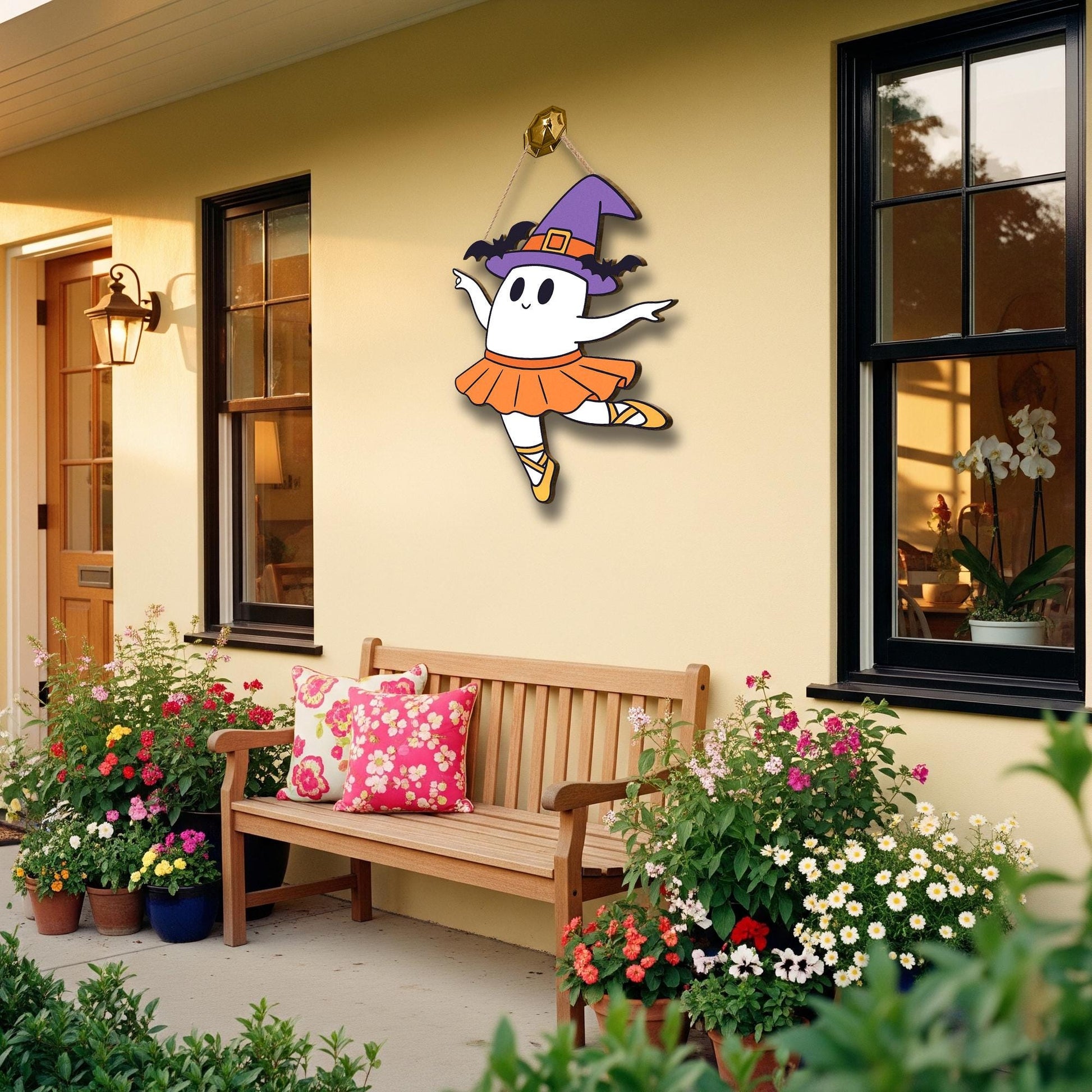 Cute Halloween Ballerina Ghost Door Hanger, Witch Hat, Tutu Decor, Fall Porch Sign, Fun Spooky Ballet Decoration, Halloween Ghost Decor