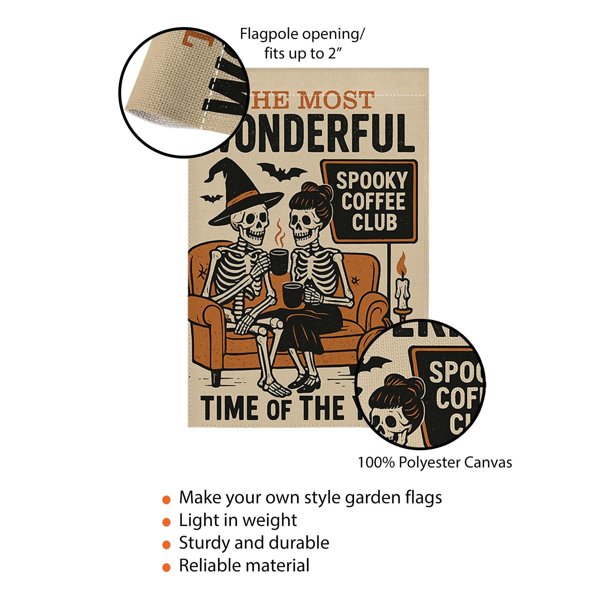 Spooky Coffee Club Garden Flag, Skeleton Halloween Yard Sign, Funny Fall Porch Decor, Witchy Pumpkin Banner, Autumn Outdoor Flag