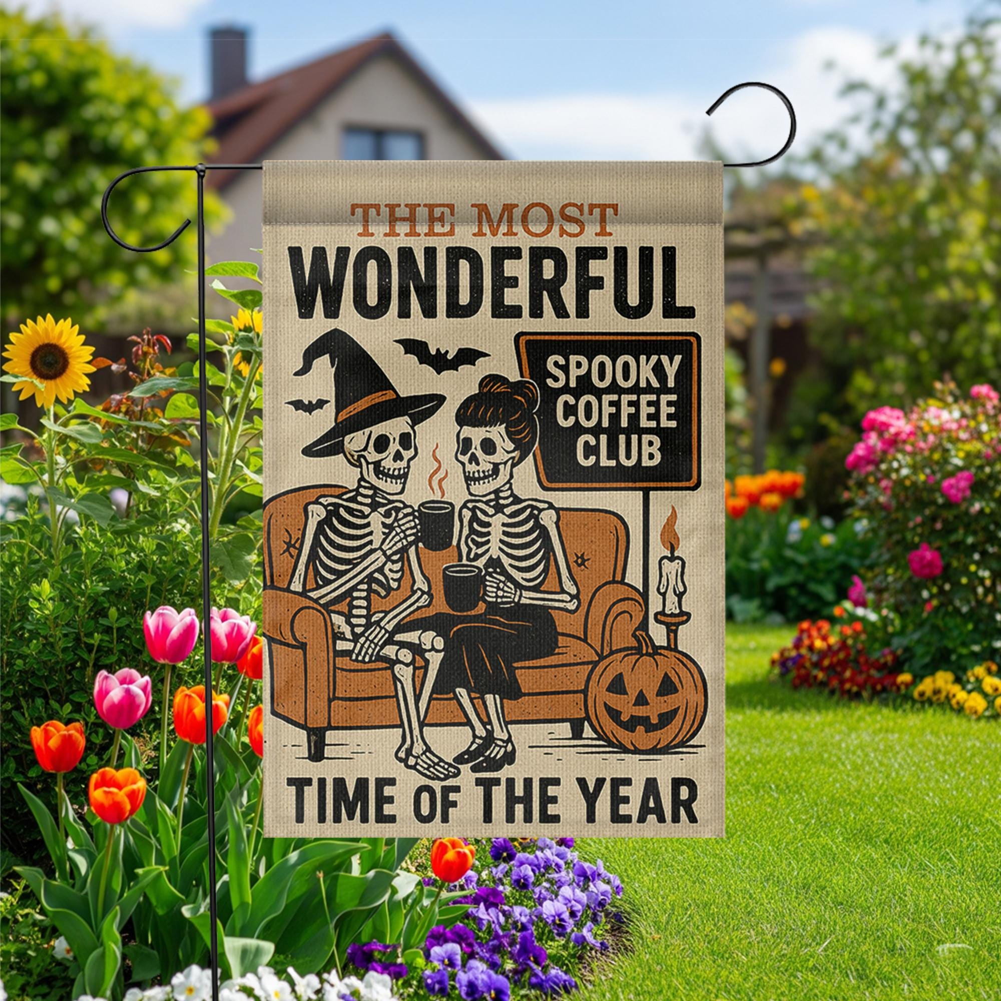 Spooky Coffee Club Garden Flag, Skeleton Halloween Yard Sign, Funny Fall Porch Decor, Witchy Pumpkin Banner, Autumn Outdoor Flag