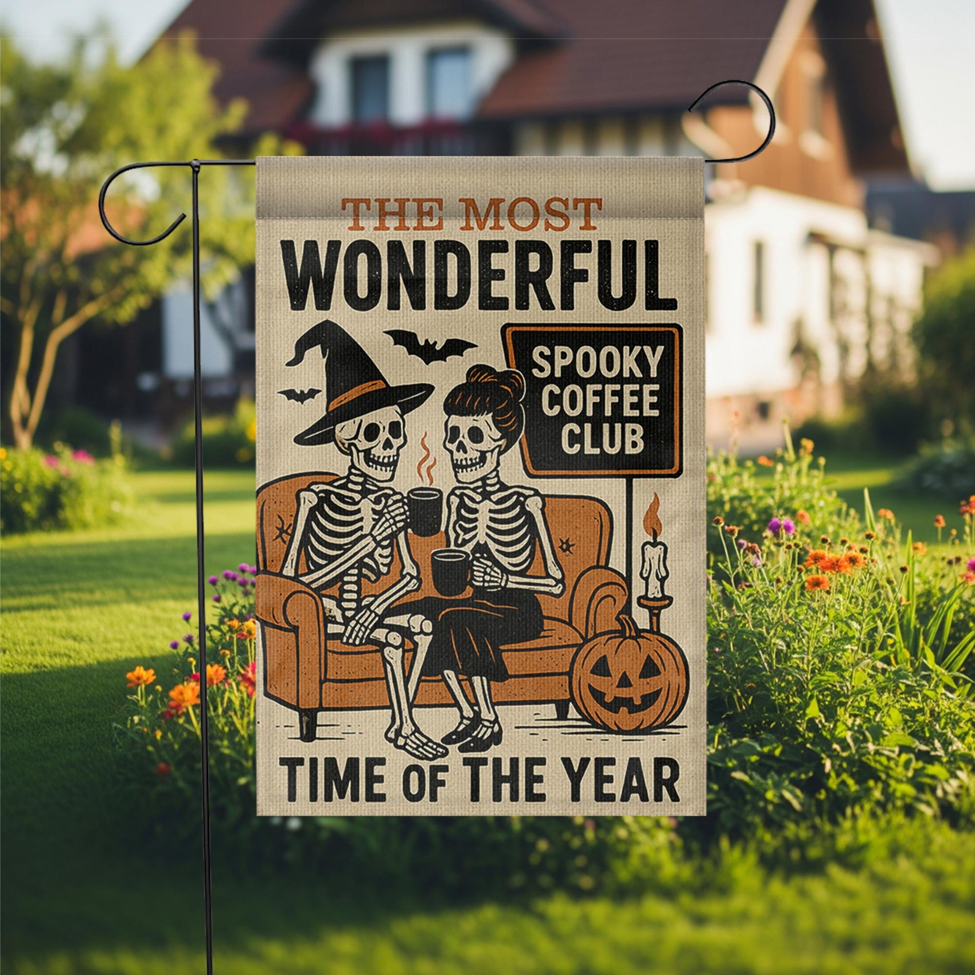 Spooky Coffee Club Garden Flag, Skeleton Halloween Yard Sign, Funny Fall Porch Decor, Witchy Pumpkin Banner, Autumn Outdoor Flag