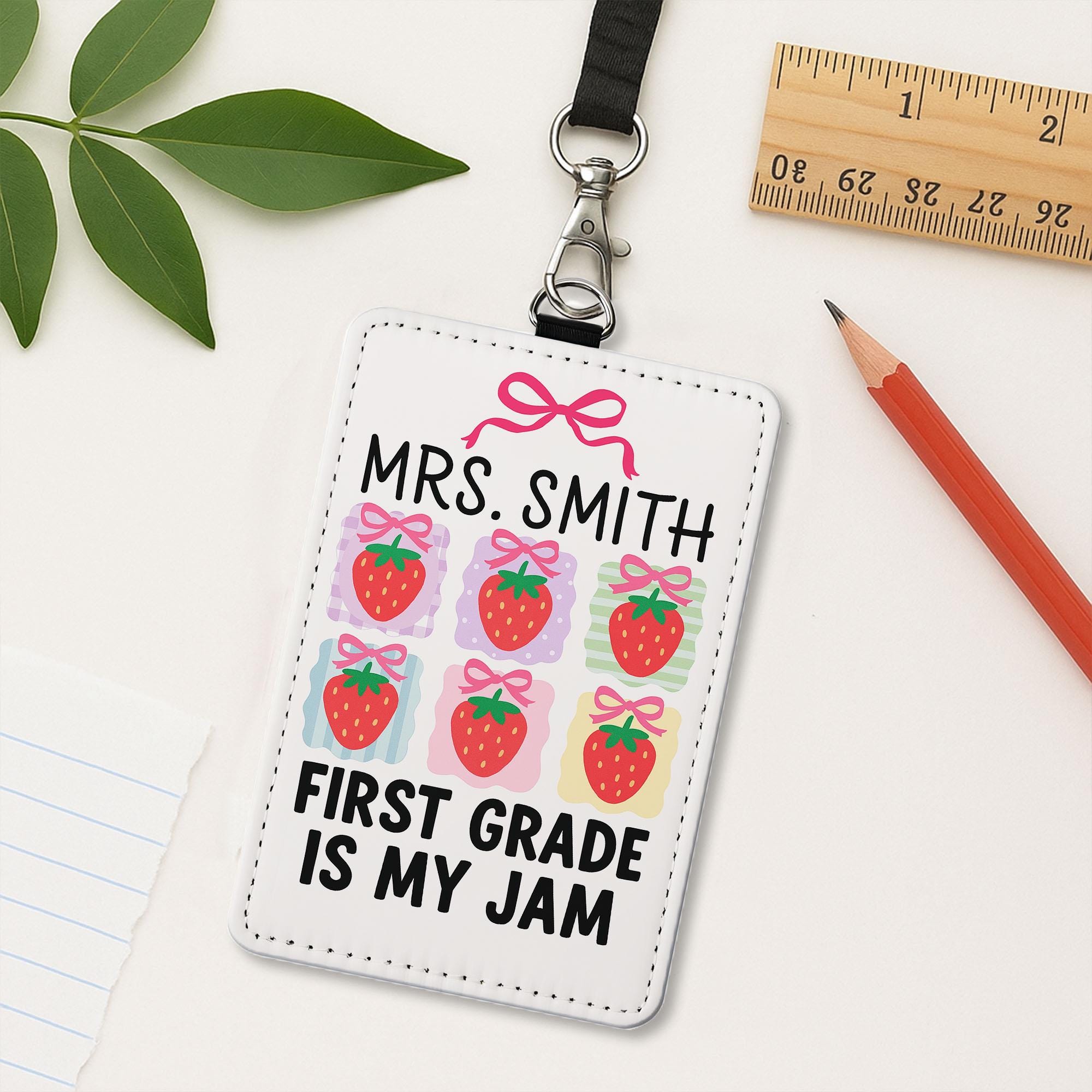 First Grade Teacher Badge Holder, Cute Strawberry ID Tag, Custom Lanyard Card, Back To School Teacher Gift, Classroom Accessory