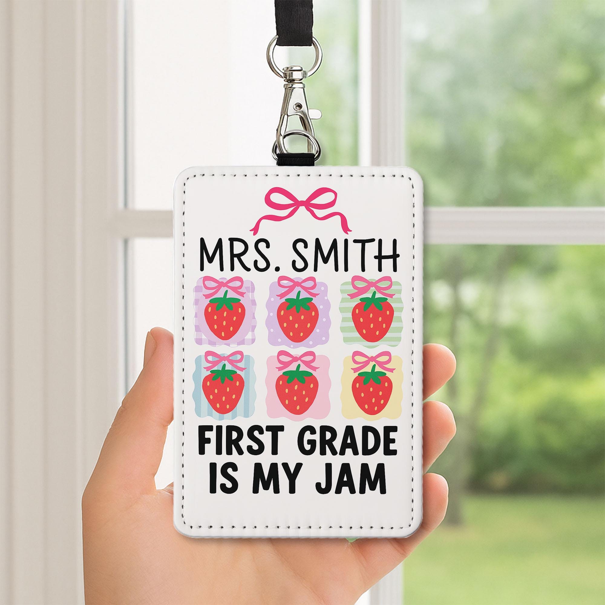 First Grade Teacher Badge Holder, Cute Strawberry ID Tag, Custom Lanyard Card, Back To School Teacher Gift, Classroom Accessory