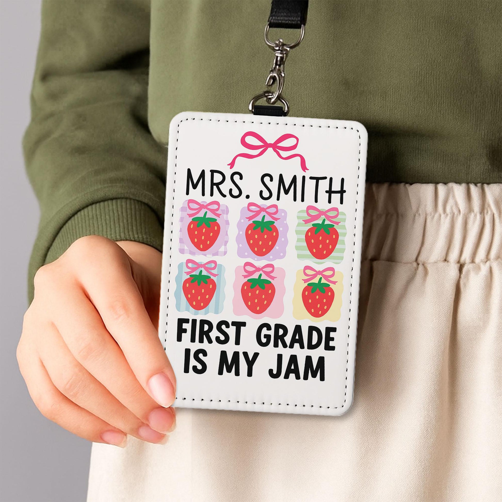 First Grade Teacher Badge Holder, Cute Strawberry ID Tag, Custom Lanyard Card, Back To School Teacher Gift, Classroom Accessory