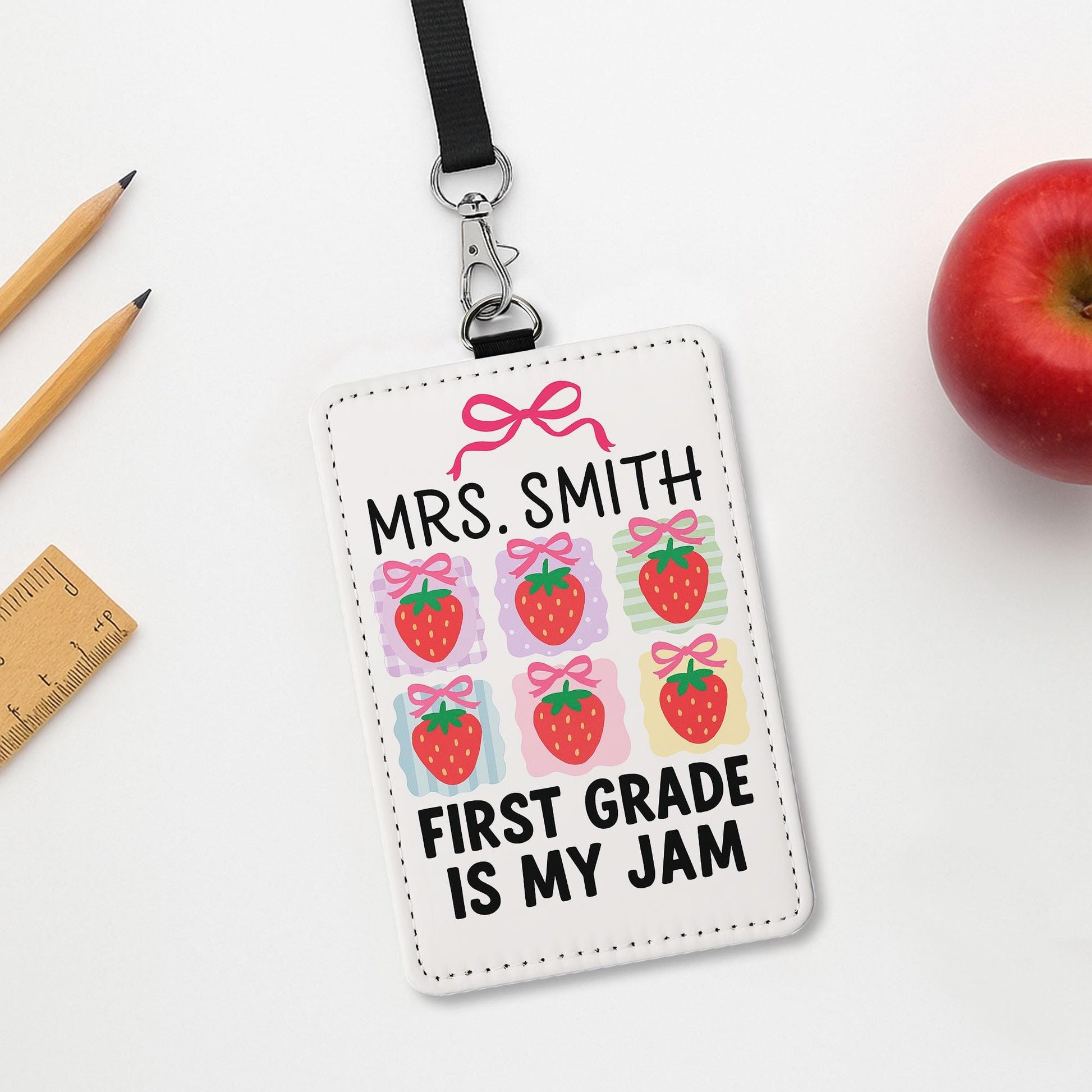 First Grade Teacher Badge Holder, Cute Strawberry ID Tag, Custom Lanyard Card, Back To School Teacher Gift, Classroom Accessory