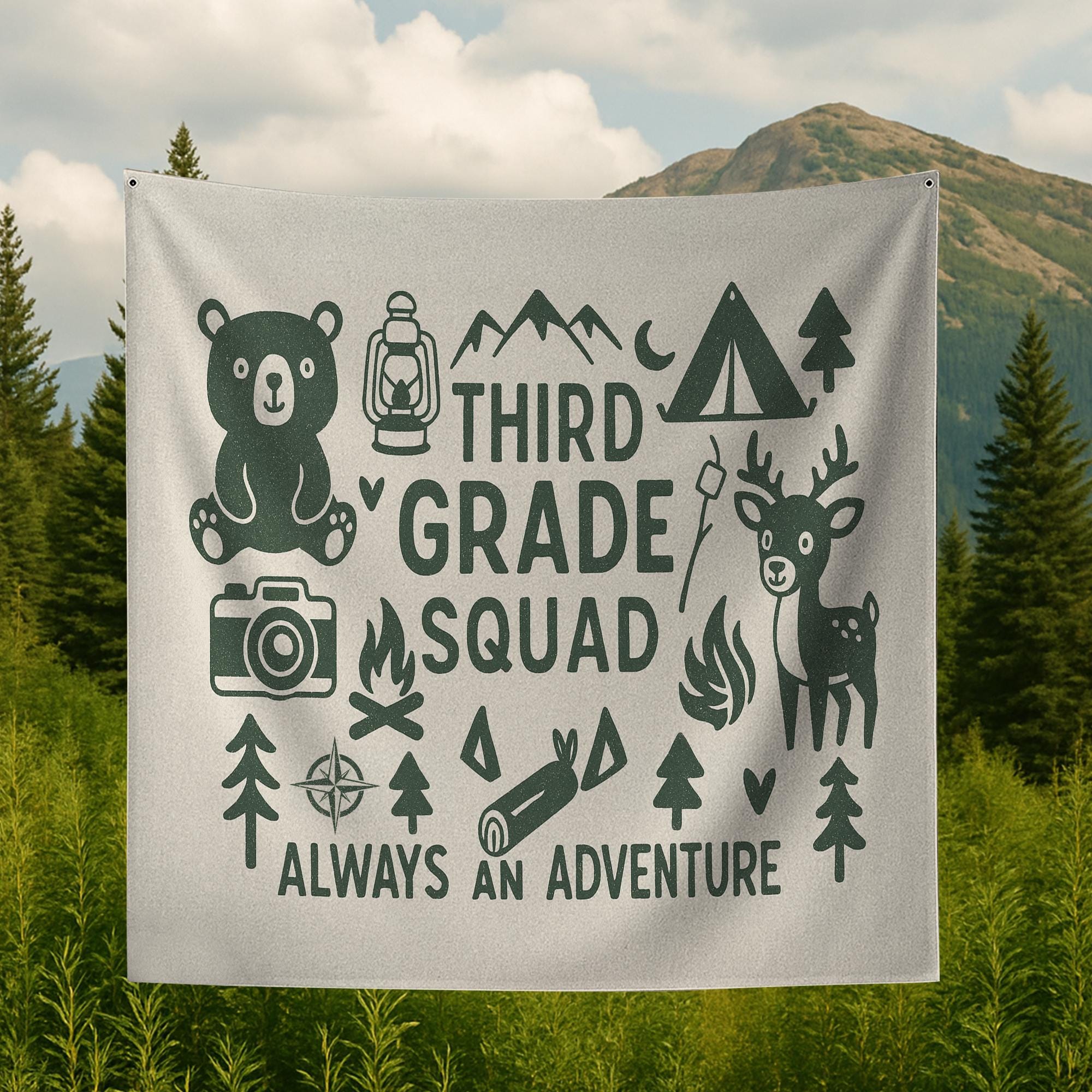 Custom Grade Adventure Tapestry – Classroom Squad Wall Decor – Camping Theme Back to School Banner for Teachers & Students