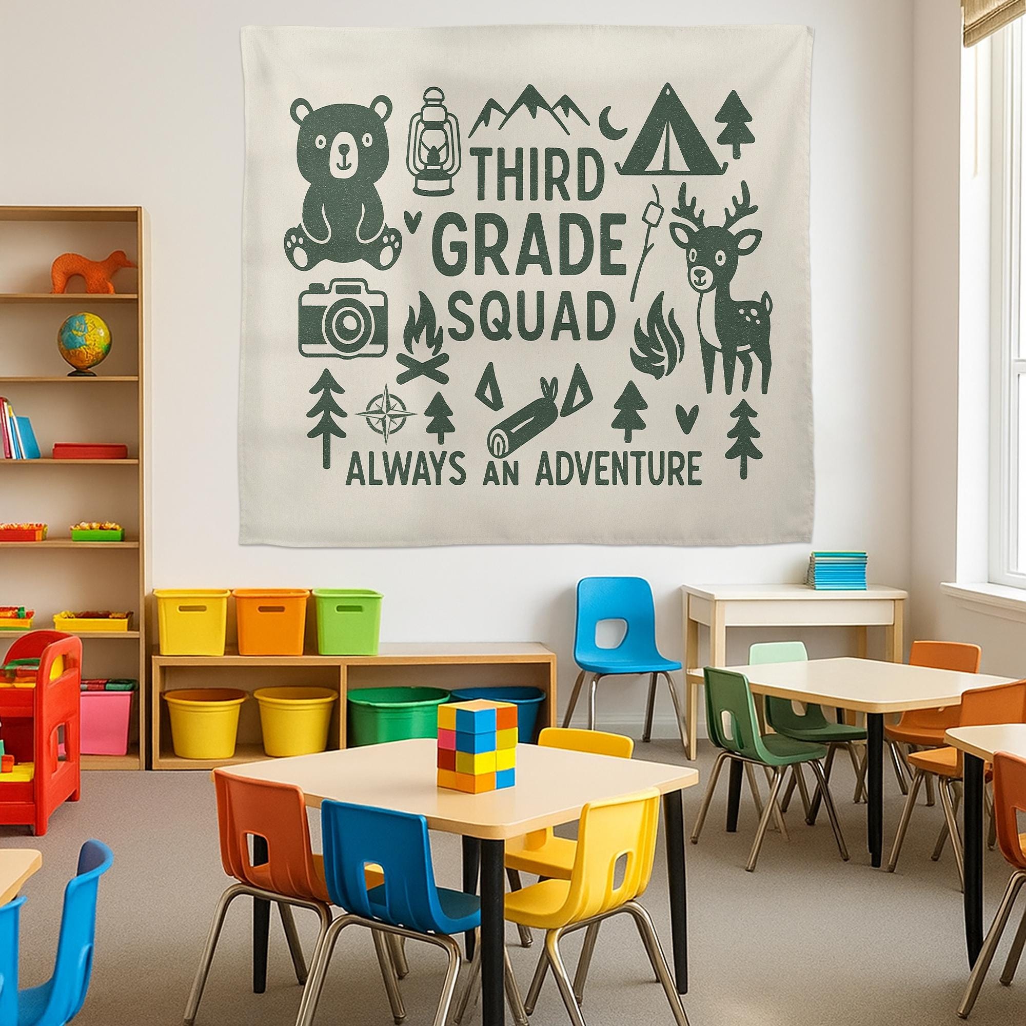 Custom Grade Adventure Tapestry – Classroom Squad Wall Decor – Camping Theme Back to School Banner for Teachers & Students