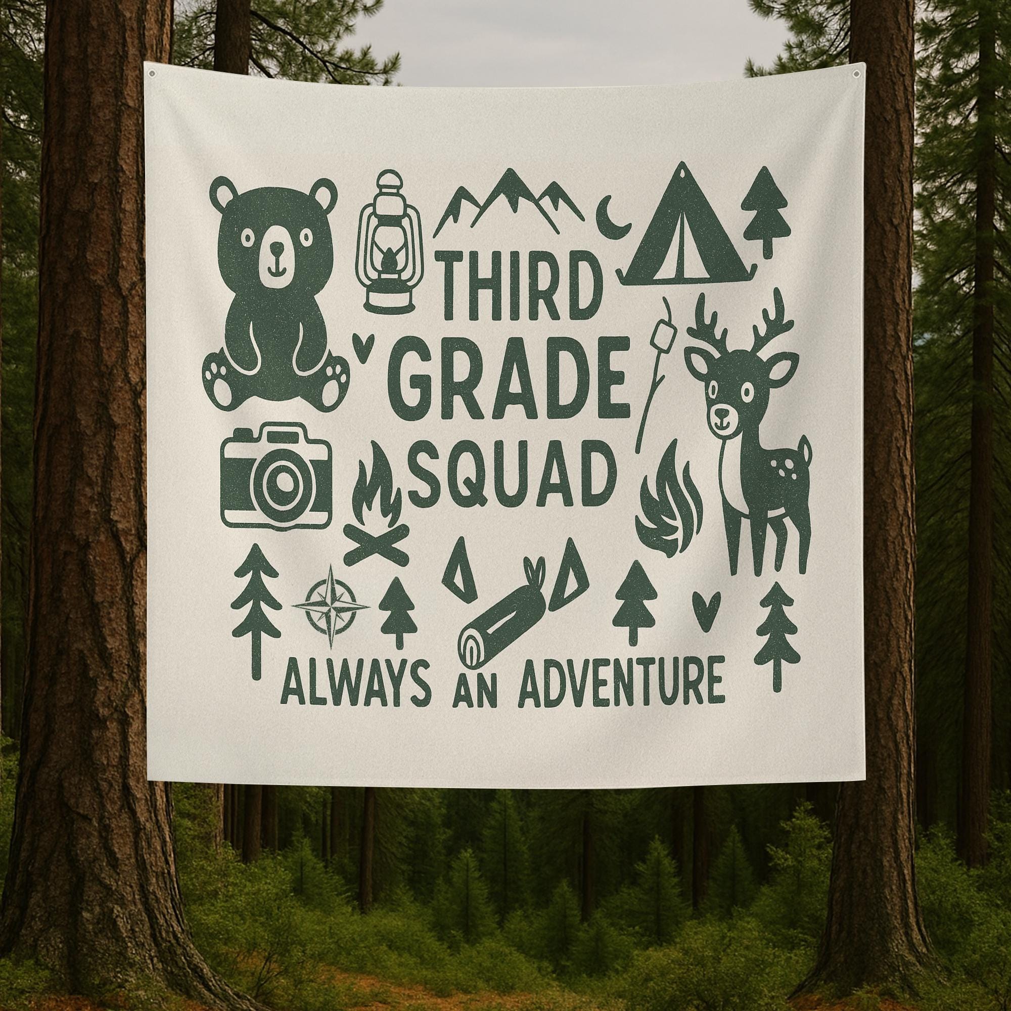 Custom Grade Adventure Tapestry – Classroom Squad Wall Decor – Camping Theme Back to School Banner for Teachers & Students