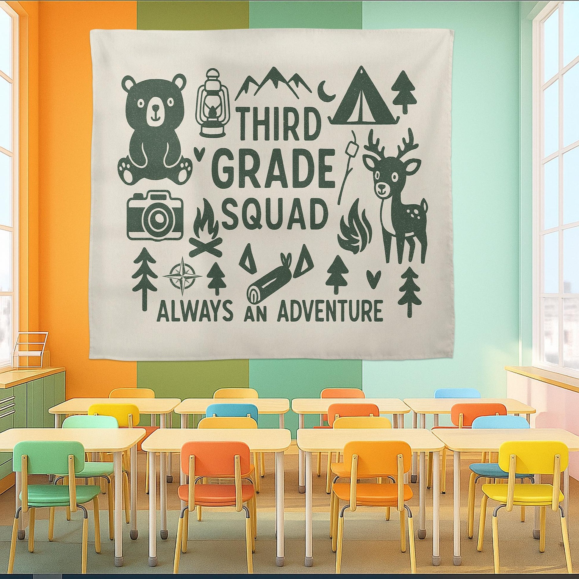 Custom Grade Adventure Tapestry – Classroom Squad Wall Decor – Camping Theme Back to School Banner for Teachers & Students