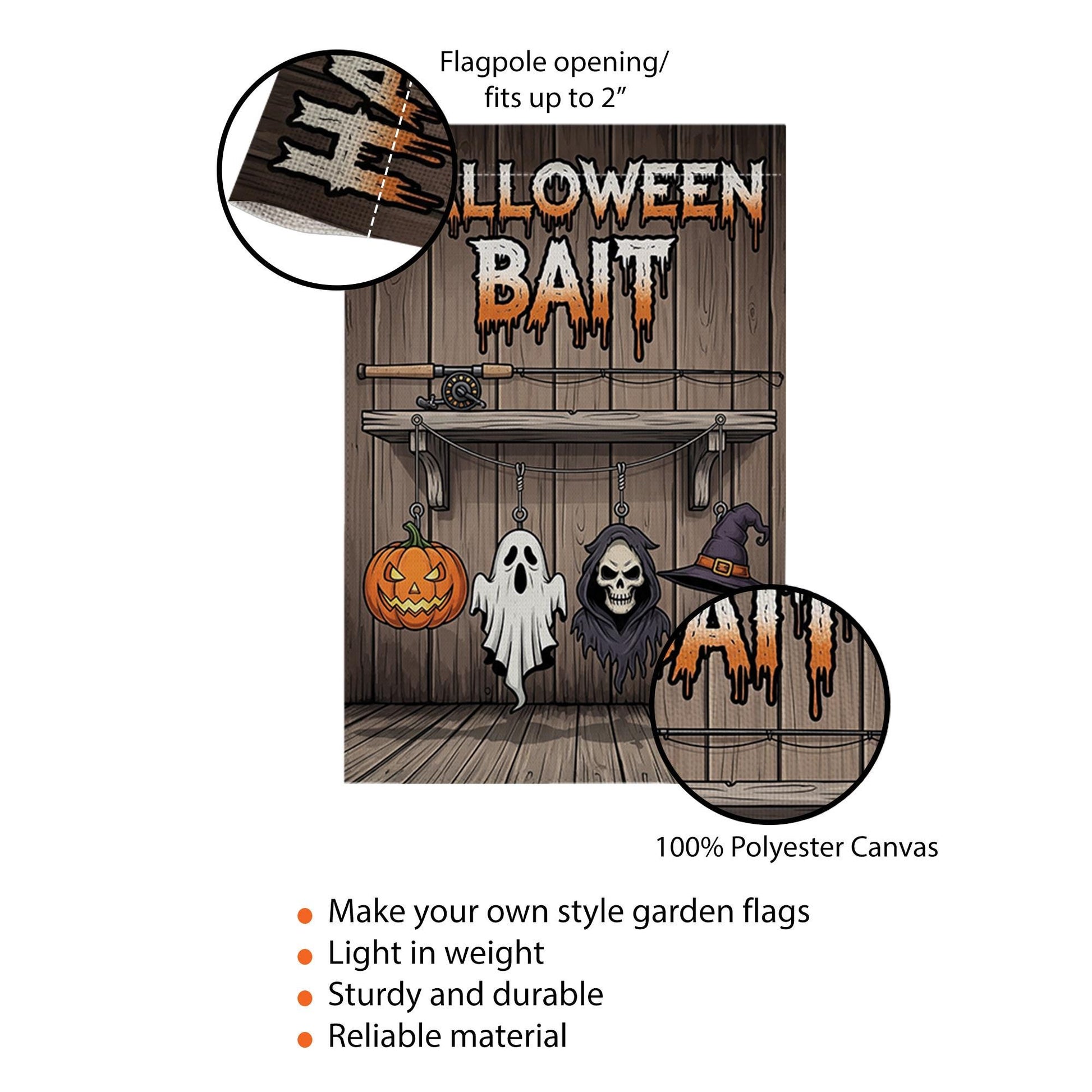 Halloween Bait Garden Flag – Funny Spooky Outdoor Fishing Themed Yard Decor – Ghost Pumpkin Witch Sign