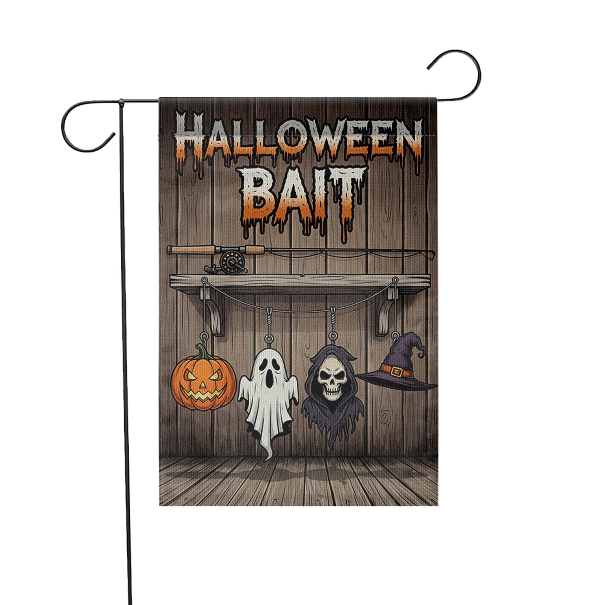 Halloween Bait Garden Flag – Funny Spooky Outdoor Fishing Themed Yard Decor – Ghost Pumpkin Witch Sign