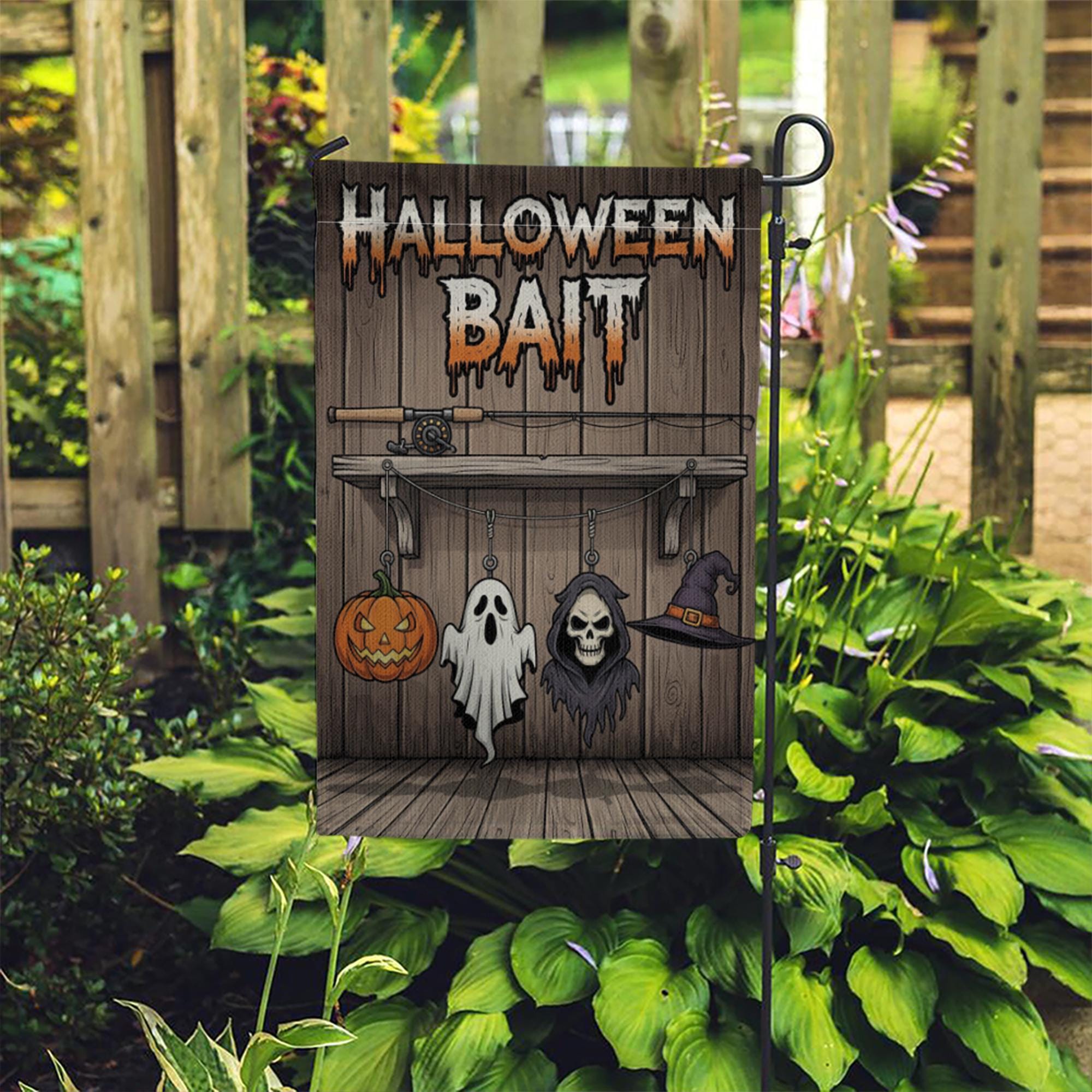 Halloween Bait Garden Flag – Funny Spooky Outdoor Fishing Themed Yard Decor – Ghost Pumpkin Witch Sign