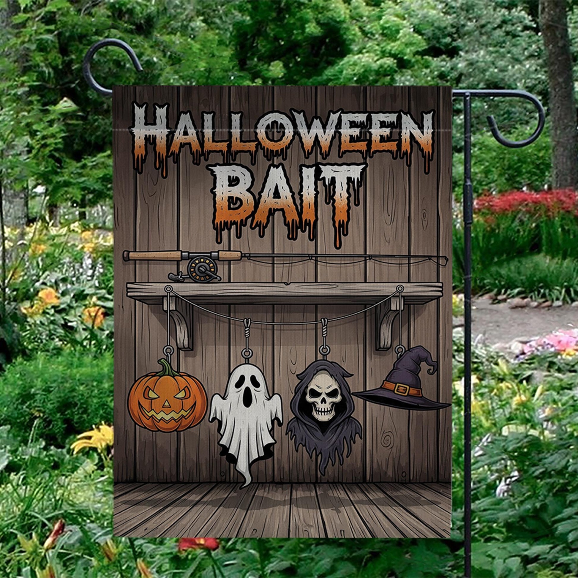 Halloween Bait Garden Flag – Funny Spooky Outdoor Fishing Themed Yard Decor – Ghost Pumpkin Witch Sign