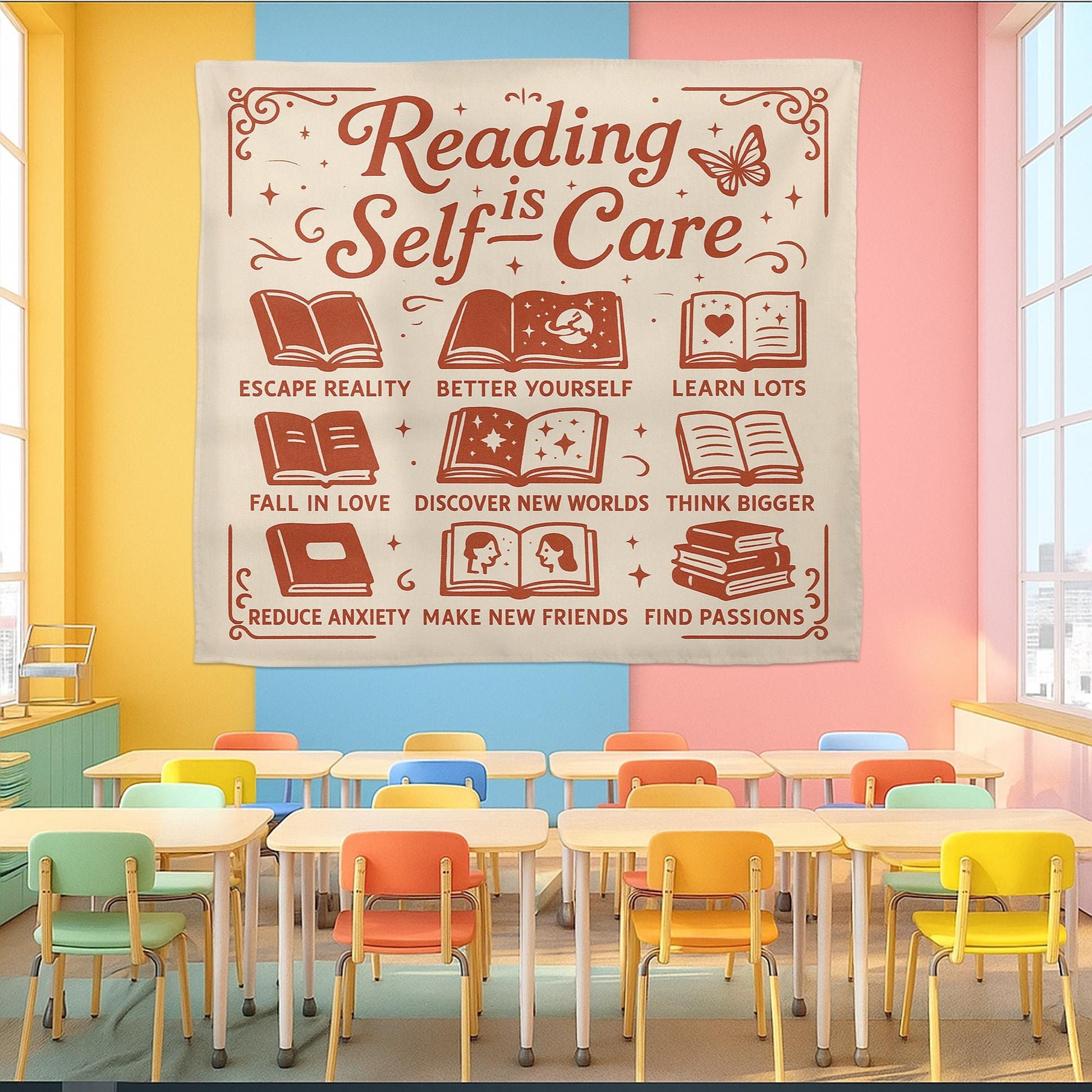 Reading Is Self Care Tapestry, Book Lover Wall Decor, Classroom Library Poster, Literary Quote Banner, Teacher Reading Gift