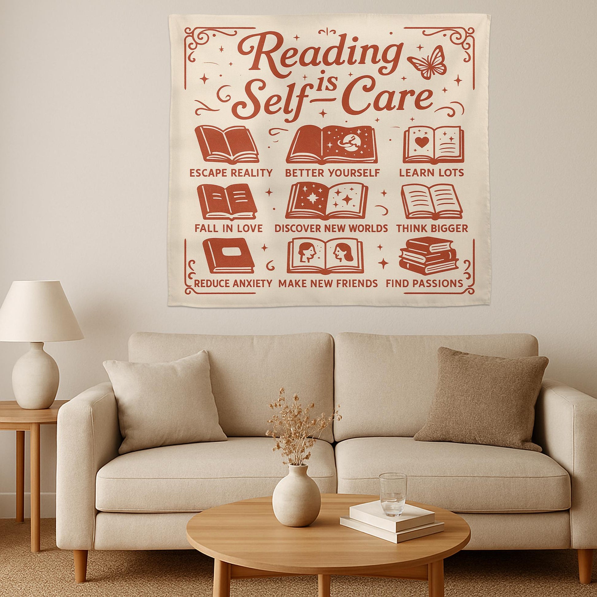 Reading Is Self Care Tapestry, Book Lover Wall Decor, Classroom Library Poster, Literary Quote Banner, Teacher Reading Gift