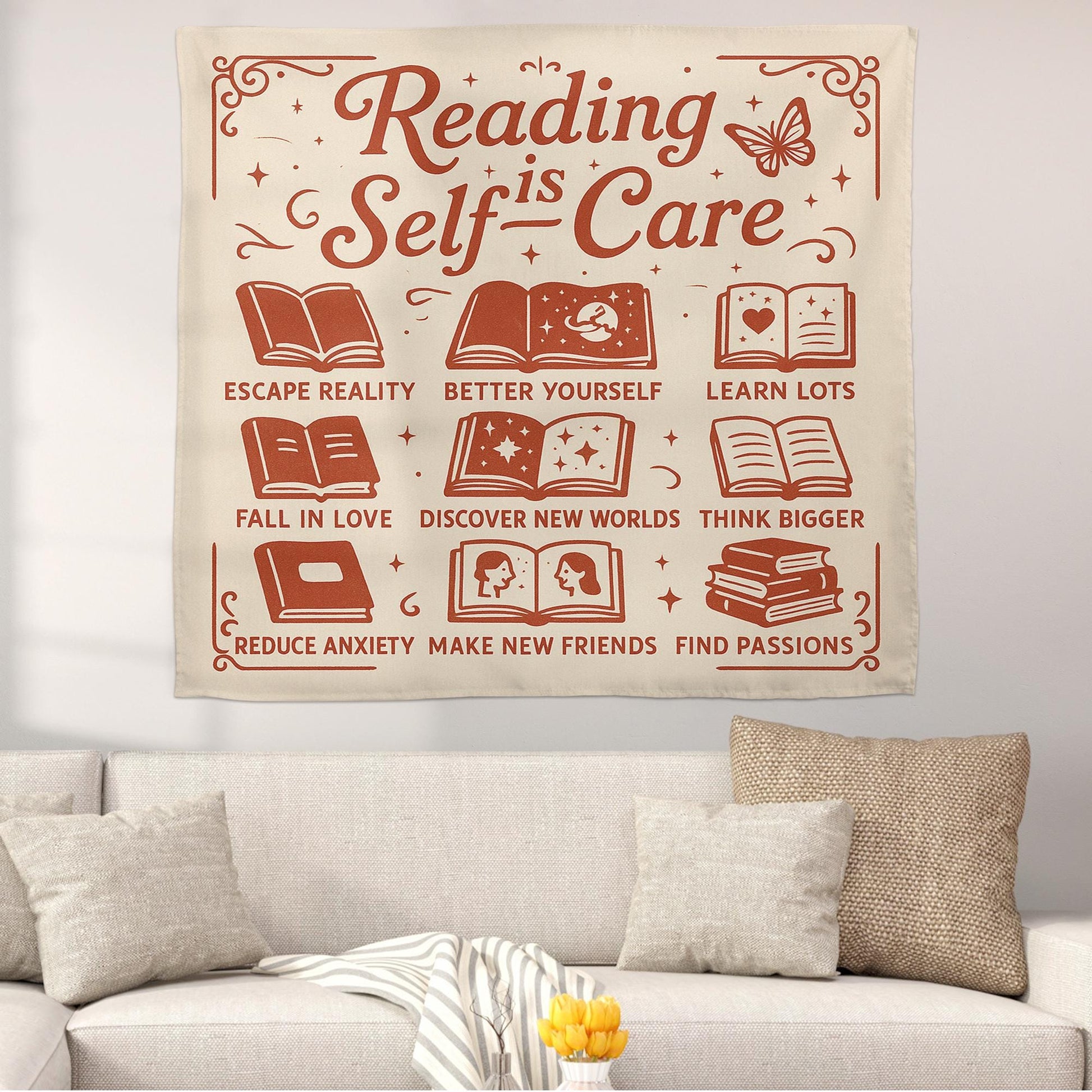 Reading Is Self Care Tapestry, Book Lover Wall Decor, Classroom Library Poster, Literary Quote Banner, Teacher Reading Gift