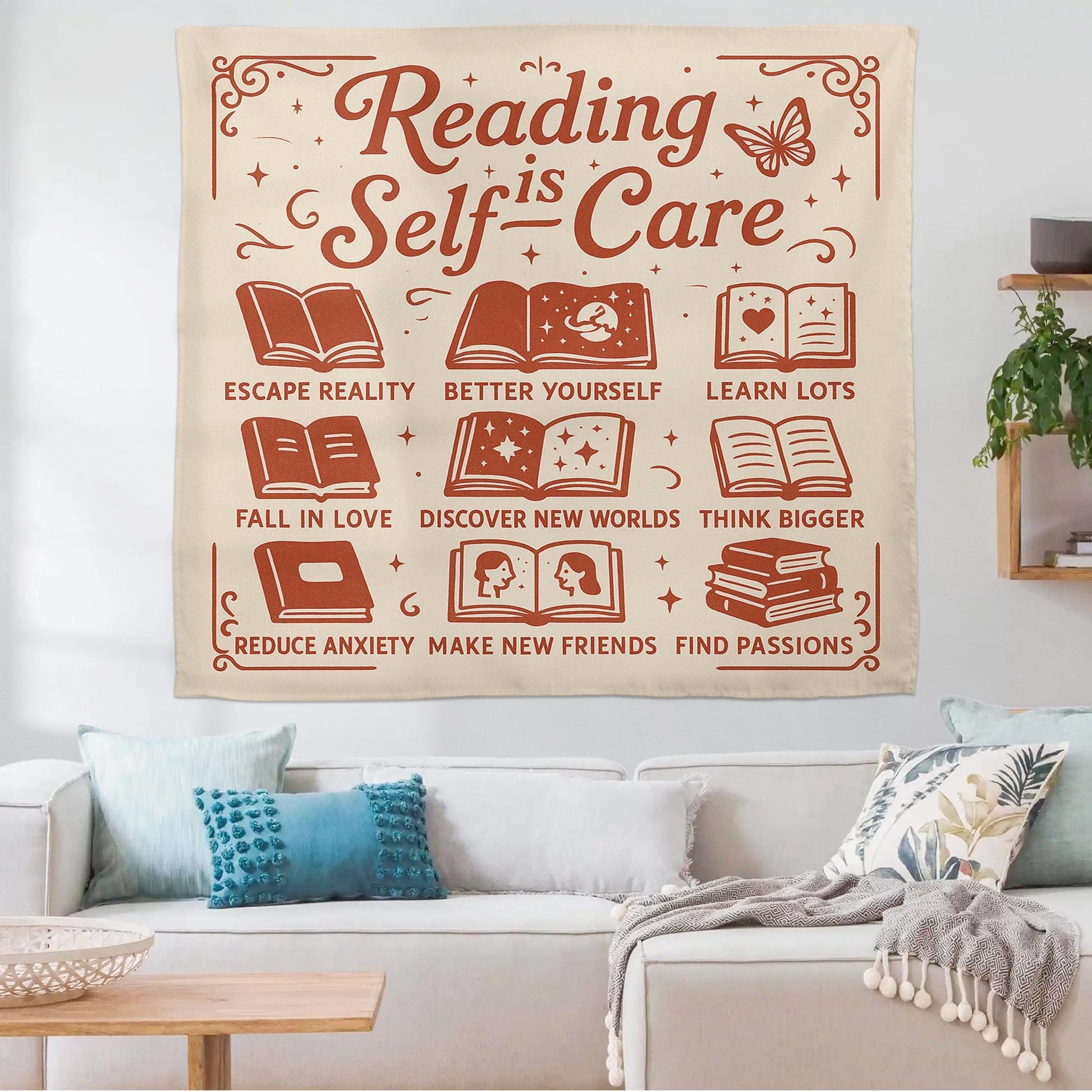 Reading Is Self Care Tapestry, Book Lover Wall Decor, Classroom Library Poster, Literary Quote Banner, Teacher Reading Gift