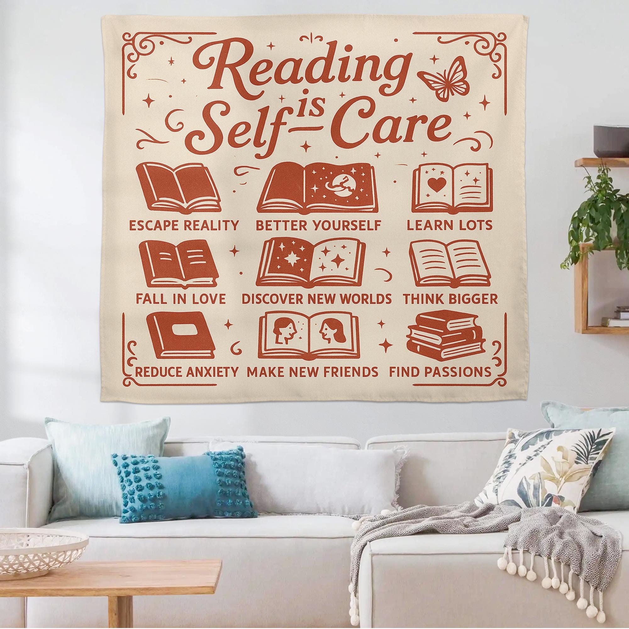 Reading Is Self Care Tapestry, Book Lover Wall Decor, Classroom Library Poster, Literary Quote Banner, Teacher Reading Gift