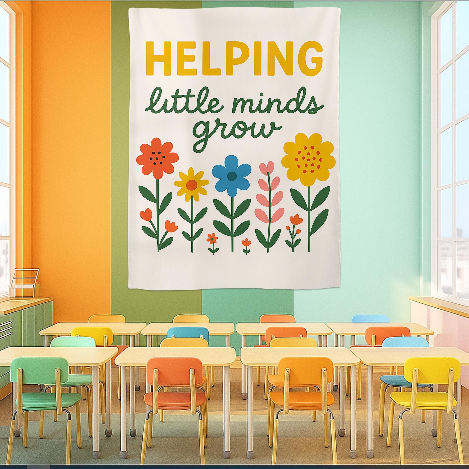 Helping Little Minds Grow Tapestry, Preschool Classroom Wall Decor, Colorful Teacher Banner, Kindergarten Learning Sign