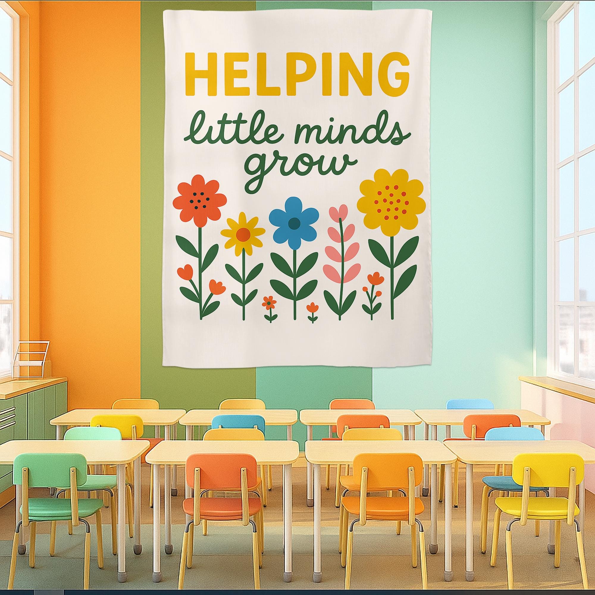 Helping Little Minds Grow Tapestry, Preschool Classroom Wall Decor, Colorful Teacher Banner, Kindergarten Learning Sign