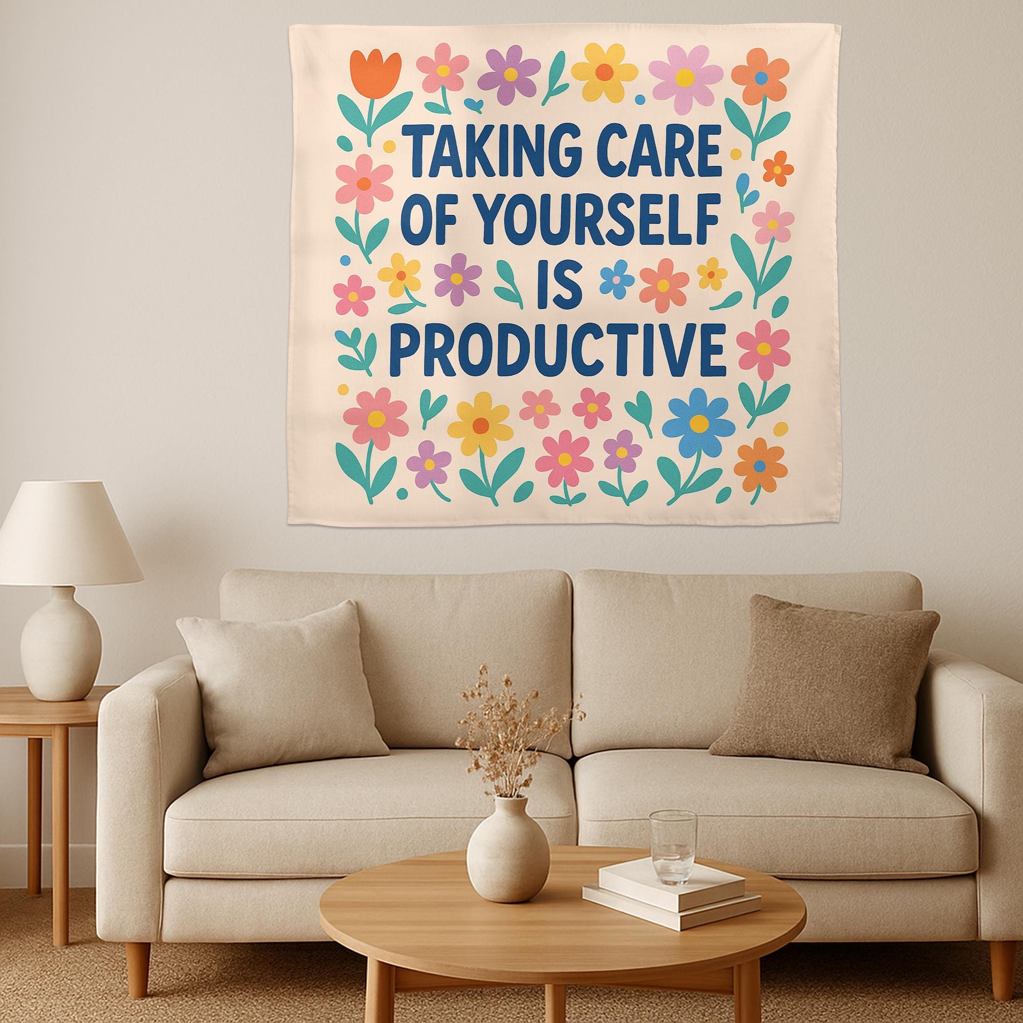 Self Care Is Productive Tapestry, Motivational Mental Health Wall Art, Therapy Office Decor, Positive Affirmation Banner, Classroom Decor
